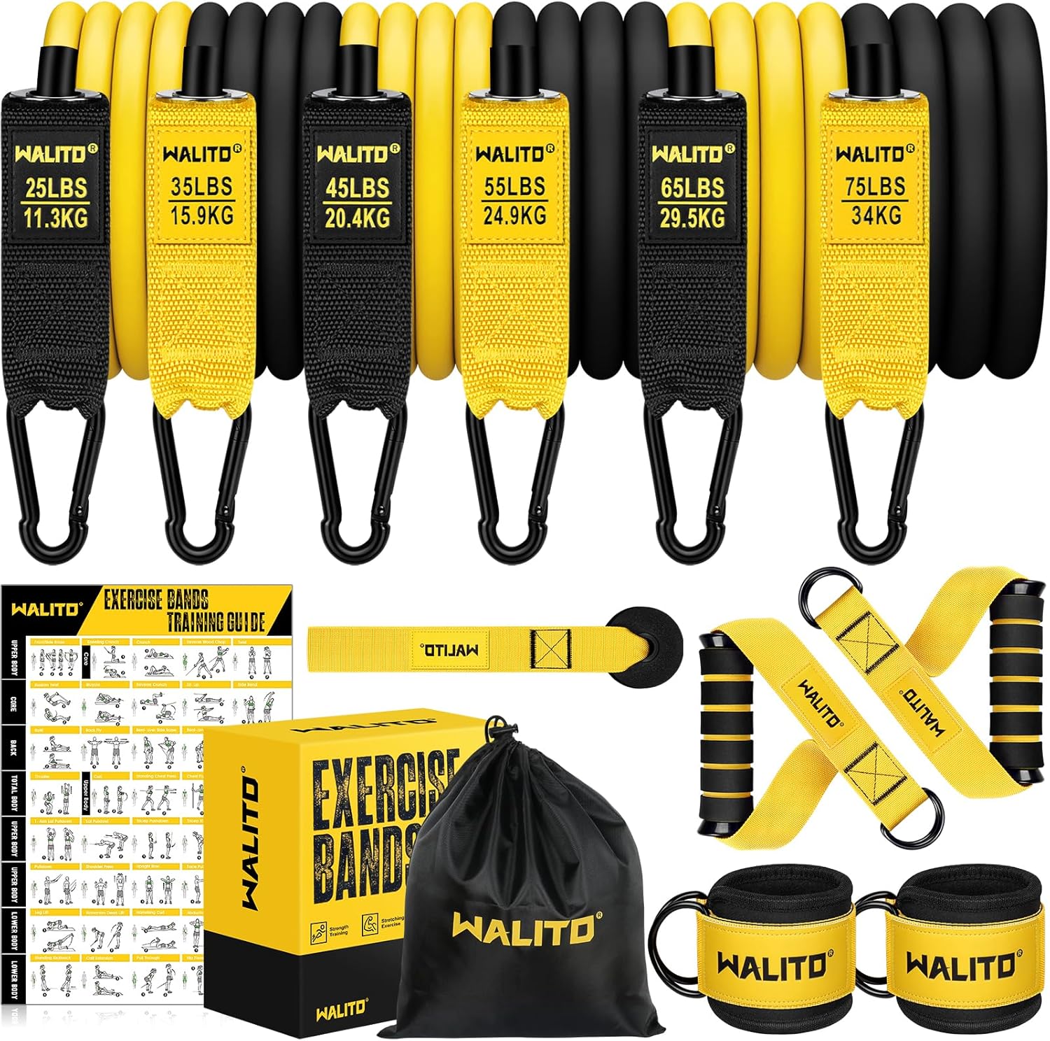 WALITO Resistance Bands Set - Exercise Bands with Handles, Door Anchor, Legs Ankle Straps, for Heavy Resistance Training, Physical Therapy, Muscle Training, Yoga, Home Workouts