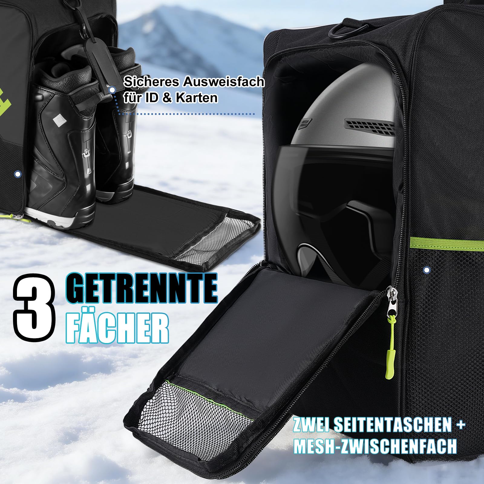 Hikeen Skischuhtasche mit Helmfach: Tasche Skischuhe Helm mit Mesh-Lüftungssystem Schischuhtasche Weitem Öffnungseinsatz und Eva-Einlage, Skischuh Tasche mit Schultergurte Geschenk–40L