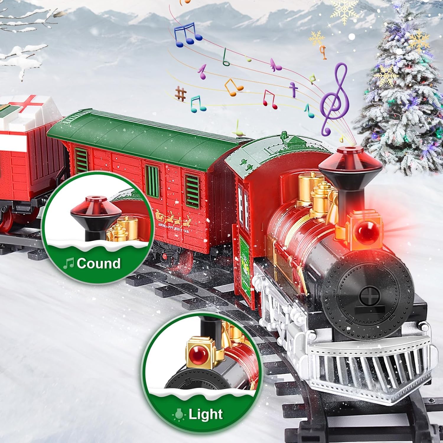 Trenino per Albero di Natale con Supporto Installazione per Albero di Natale - Riproduce Suoni, Dotato di 3 vagoni ed 1 Locomotiva