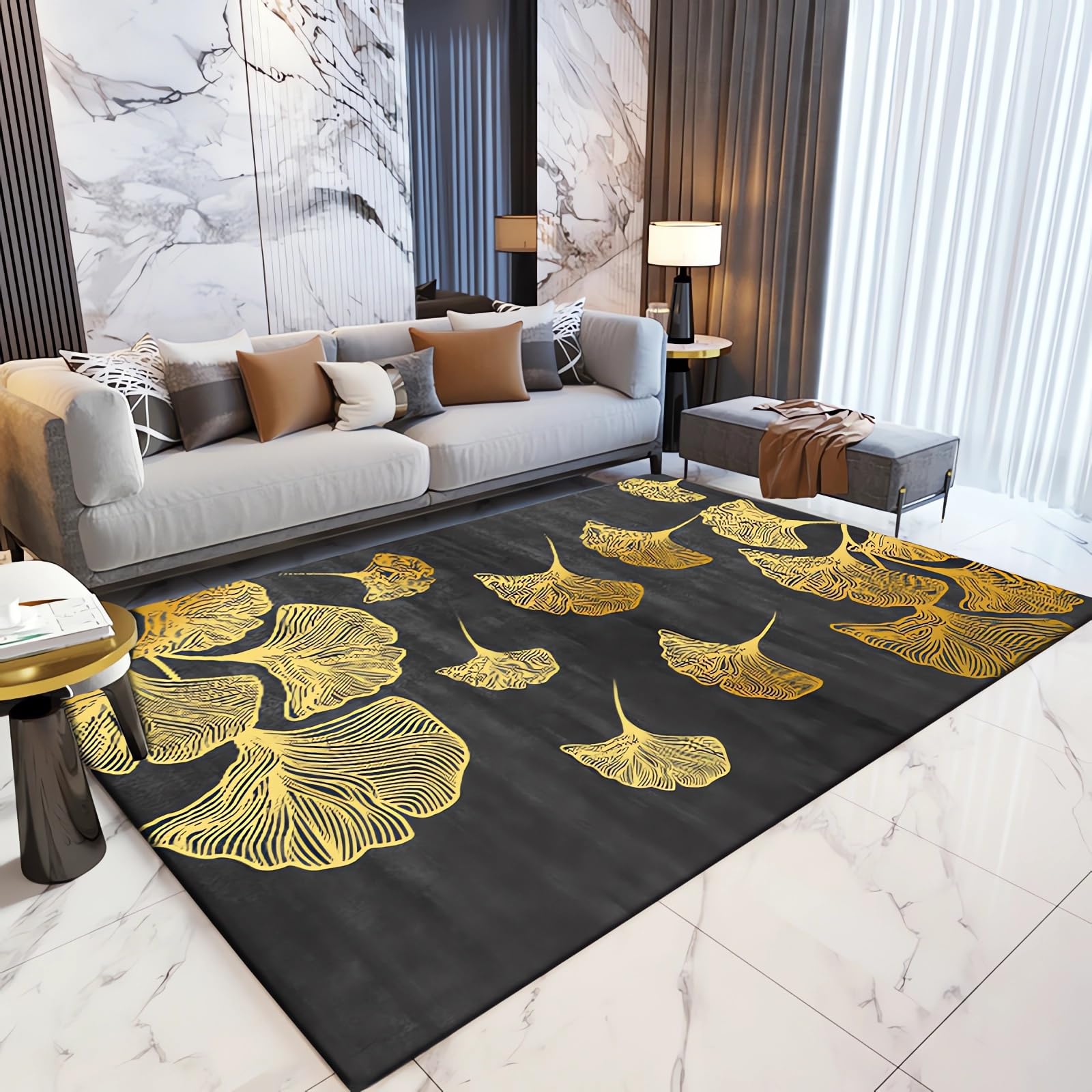 Teppich Rug for Hallway,Waschbarer Anti-Rutsch-Teppich in schwarz-gelbem Blattmuster-Design,vorleger Teppich Flur esszimmerteppiche 140x200cm