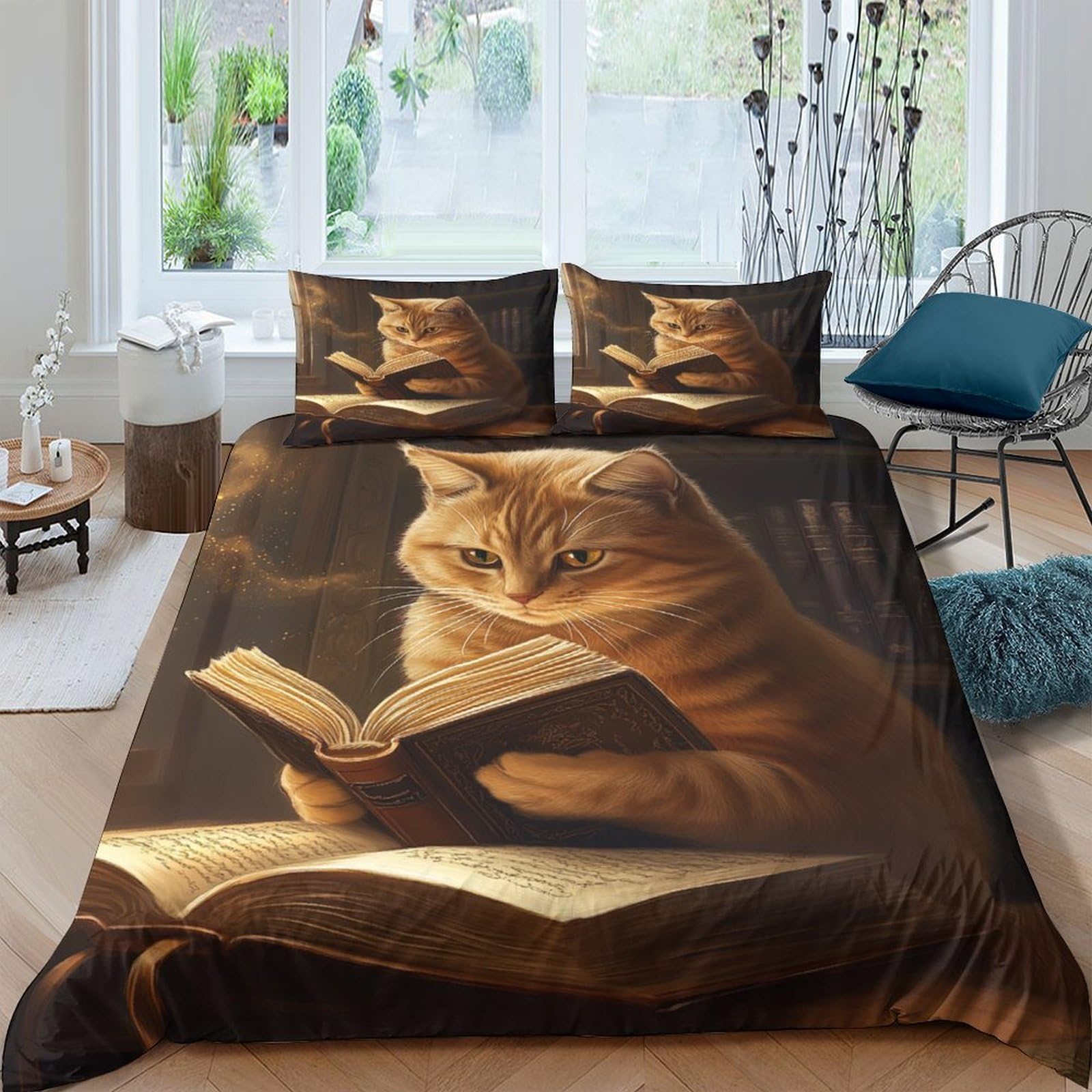 Leggere la fantasia dei gatti Impressione 3D 3 pz fodera per edredone Libresco felino capriccioso coperteletto microfibra ipoallergenica antiacari per bambini ragazze donne Double（200x200cm）