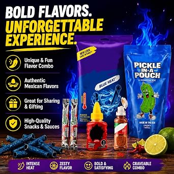 Blue Heat Chamoy Candy Pickle Kit - Includes 1 x Blue Heat Chips 55g, 1 x Chamoy Gusano, 1x Minitajin, 2x Fruit Rollup, 1x American Pickle in pounch - Ultimate Spicy Snack Gift Set
