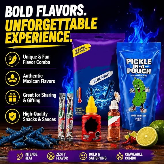 Blue Heat Chamoy Candy Pickle Kit - Includes 1 x Blue Heat Chips 55g, 1 x Chamoy Gusano, 1x Minitajin, 2x Fruit Rollup, 1x American Pickle in pounch - Ultimate Spicy Snack Gift Set
