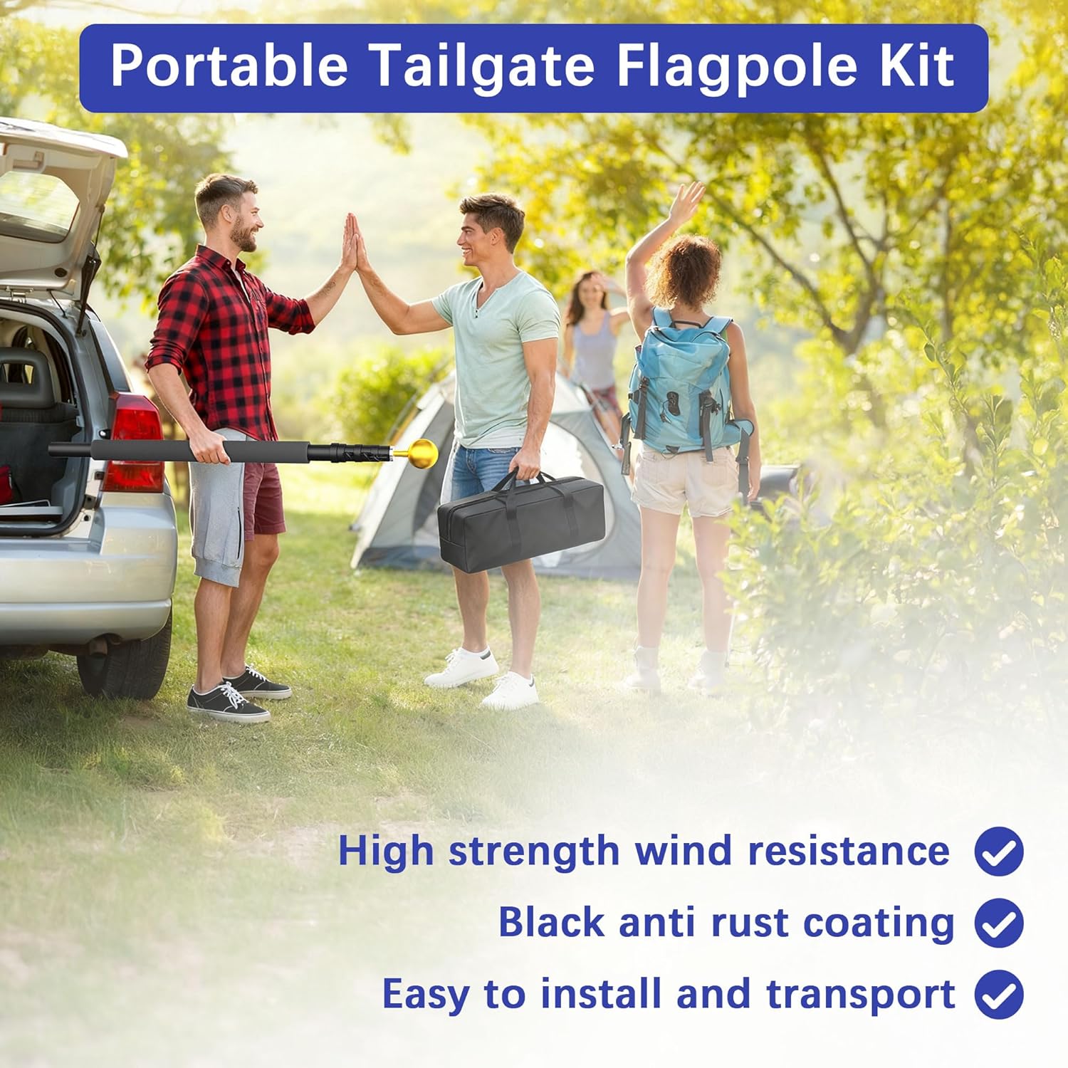 20FT Heavy Duty Tailgate Flag Pole Kit- Portable Telescoping Flag Pole with Tire Mount,Extend the Car Scratch Resistant Protective Cover & US Flag Portable for Camping/Tailgating/Outdoor Party
