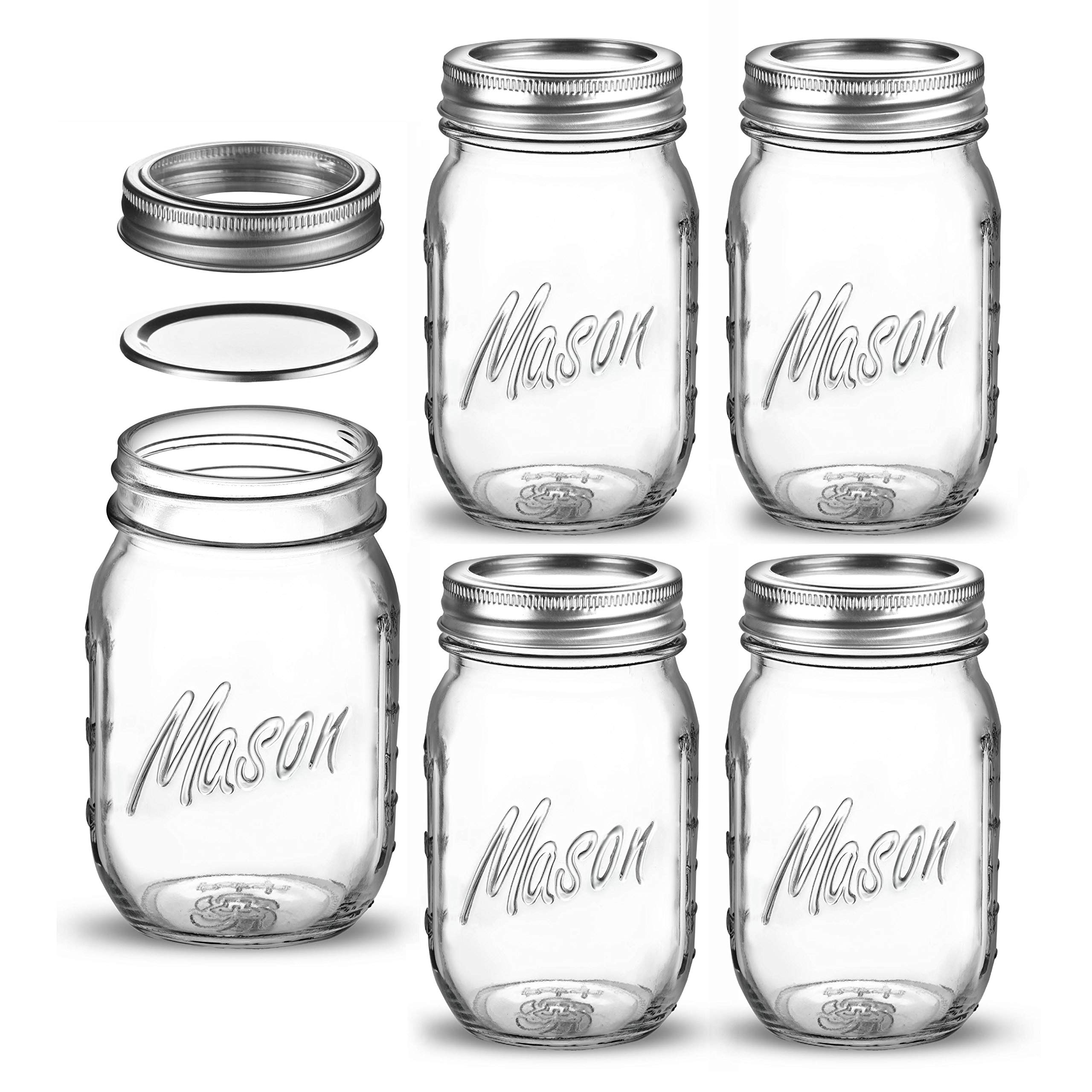 Paksh Novelty Mason Jars 16 oz - 5-Pack Regular Mouth Glass Jars with Lid & Seal Bands - Airtight Container for Pickling, Canning, Candles, Home Decor, Overnight Oats, Fruit Preserves, Jam or Jelly