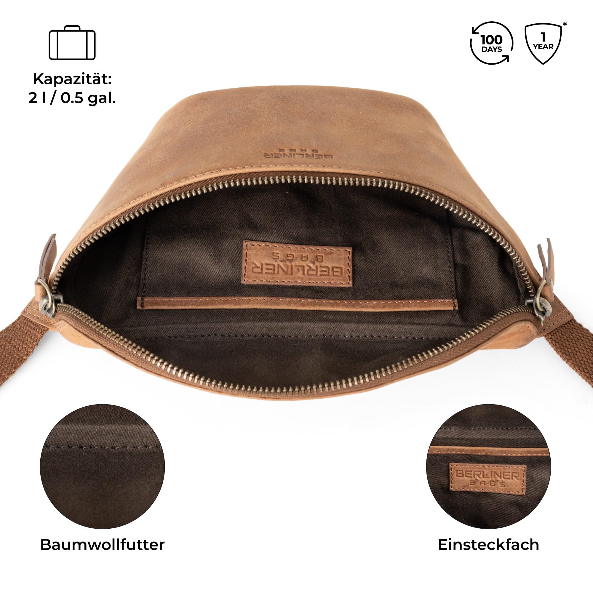 Berliner Bags Vintage Bauchtasche Noah, Umhängetasche aus Leder, Crossbody Tasche, Gürteltasche für Damen und Herren - Braun