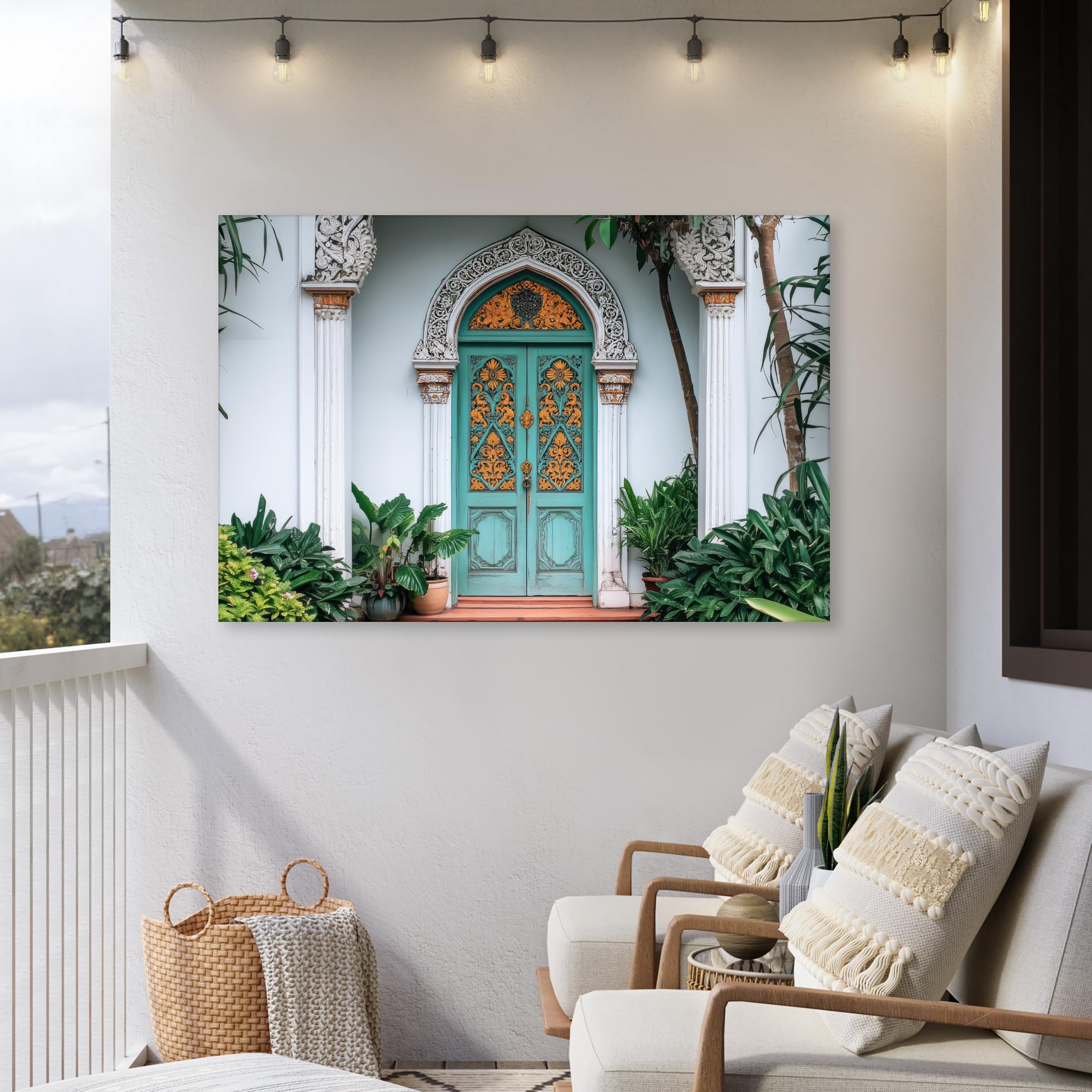 Outdoor Wandbild 150x100 cm Leinwand Für Draußen Gartendeko Terrasse Leinwandbilder Balkon Wandgemälde Deko Wetterfest Wall Art Tür - Muster - Pflanzen