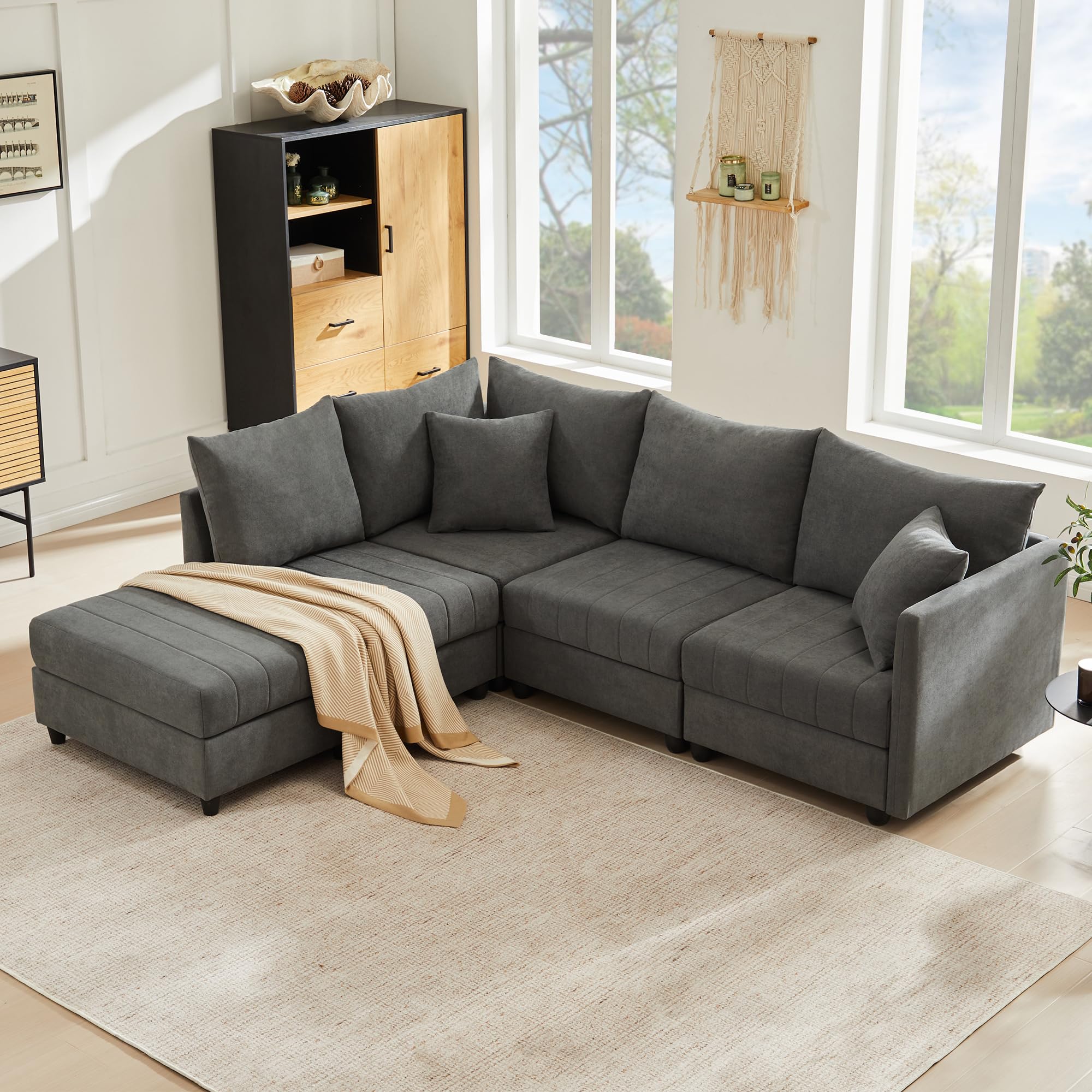 Divano angolare moderno 5 posti con a righe verticali,divano componibile a U con poggiapiedi trasformabile,divano modulare a L,220x194x85cm,cotone e lino,per soggiorno/appartamento (Grigio)