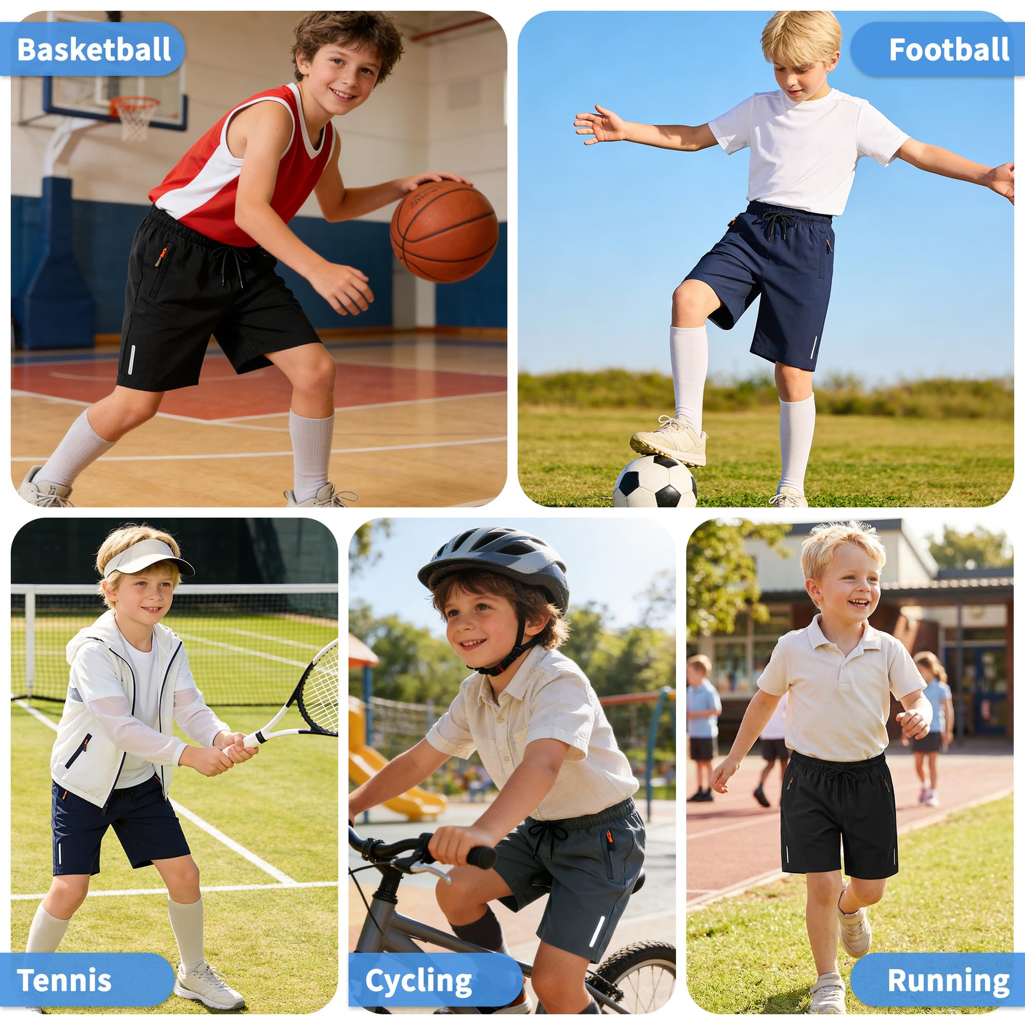 Pantalones Cortos Niños Verano, Secado Rápido Ligero Pantalón Corto Deportivos con Bolsillos con Cremallera y Cintura Elástica Cómodos Casual Deporte Shorts para Infantil 5-13 Años