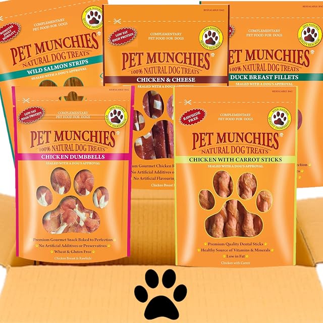Pulla ® Premium Pet Munchies Dog Treat Variety Box, Chicken & Cheese, Duck Breast, Chicken Dumbbells, Chicken & Carrot, Salmon Strips. 5 Pack