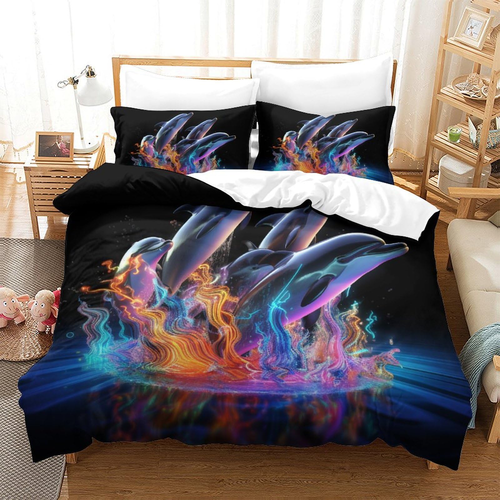 Parure de lit dauphins 3D housse de couette microfibre super king 260x220 cm