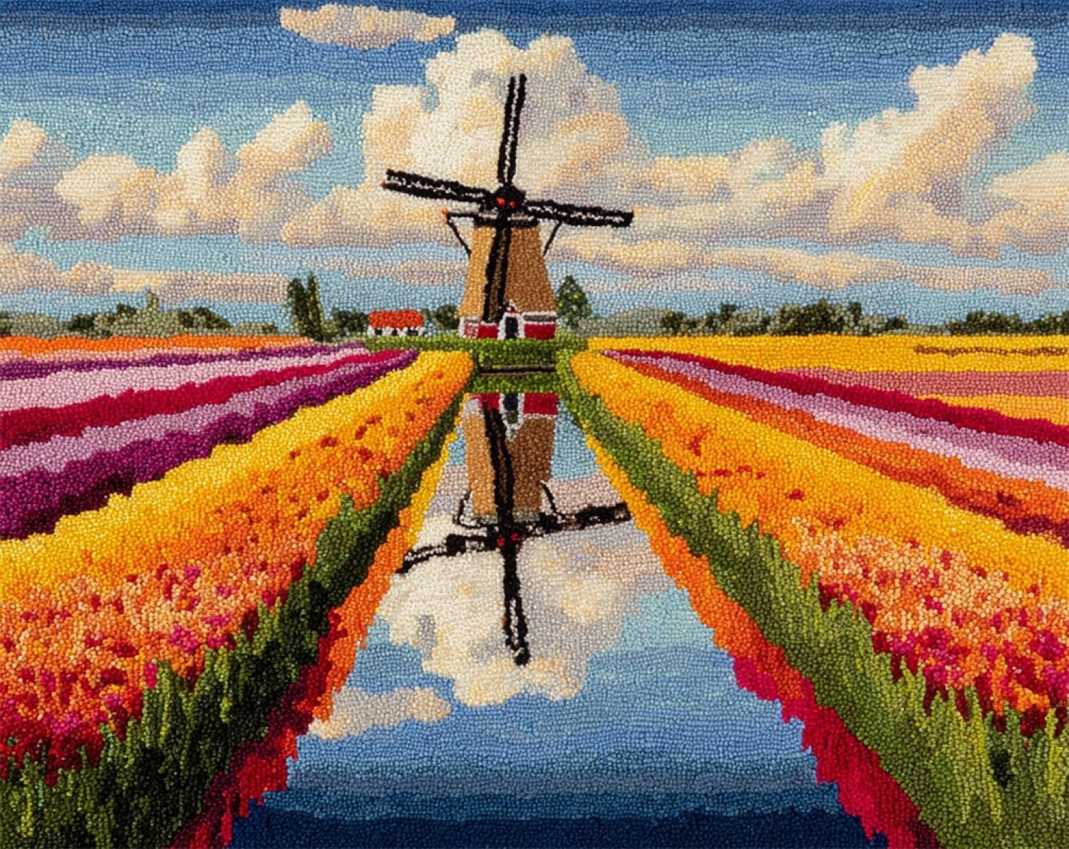 Henypt DIY Latch Hook Rug Kit Flower Field Windmill 52x38cm