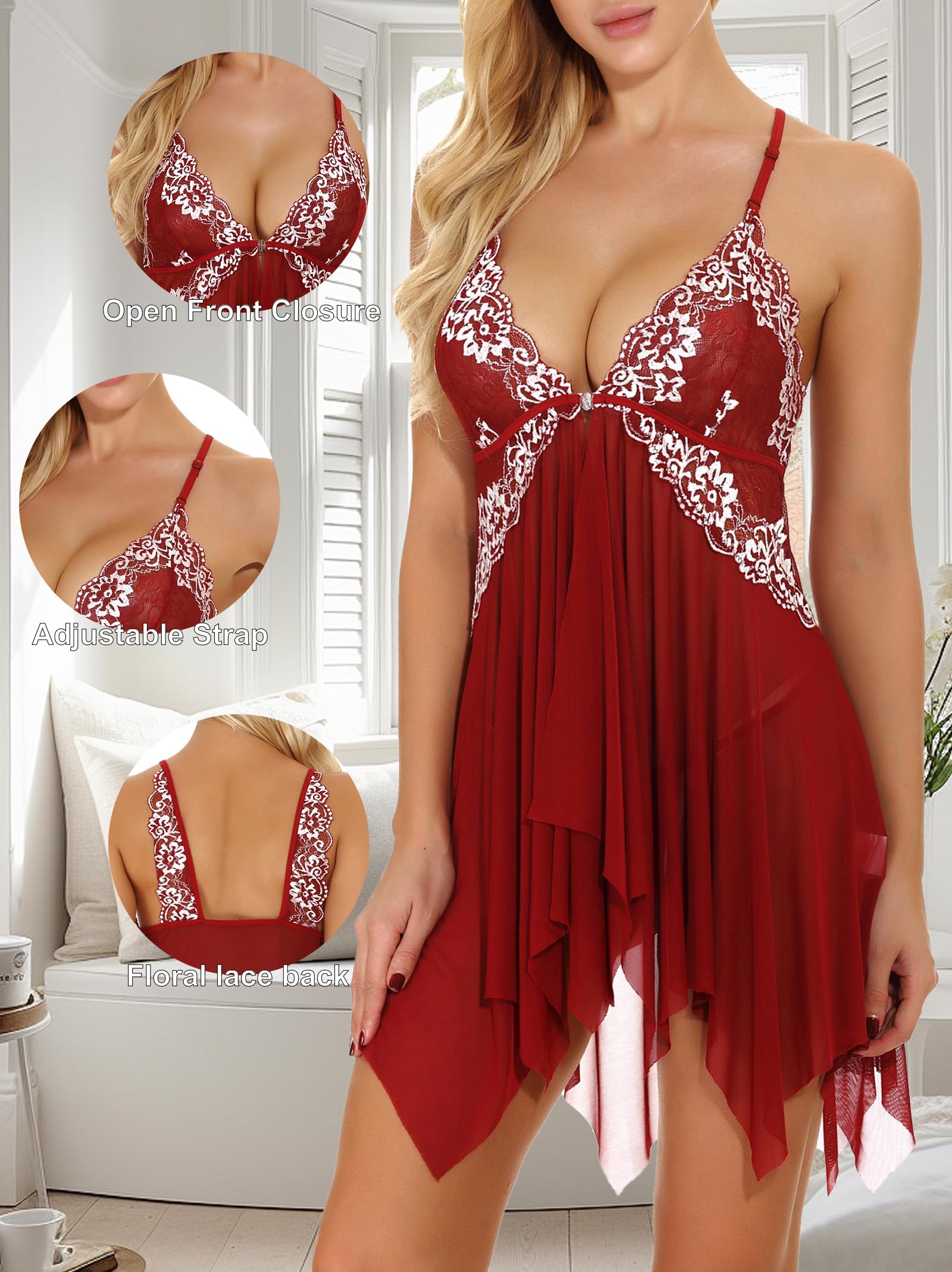 ONGASOFT Seksowna bielizna damska z koronką babydoll z paskiem sukienka nocna