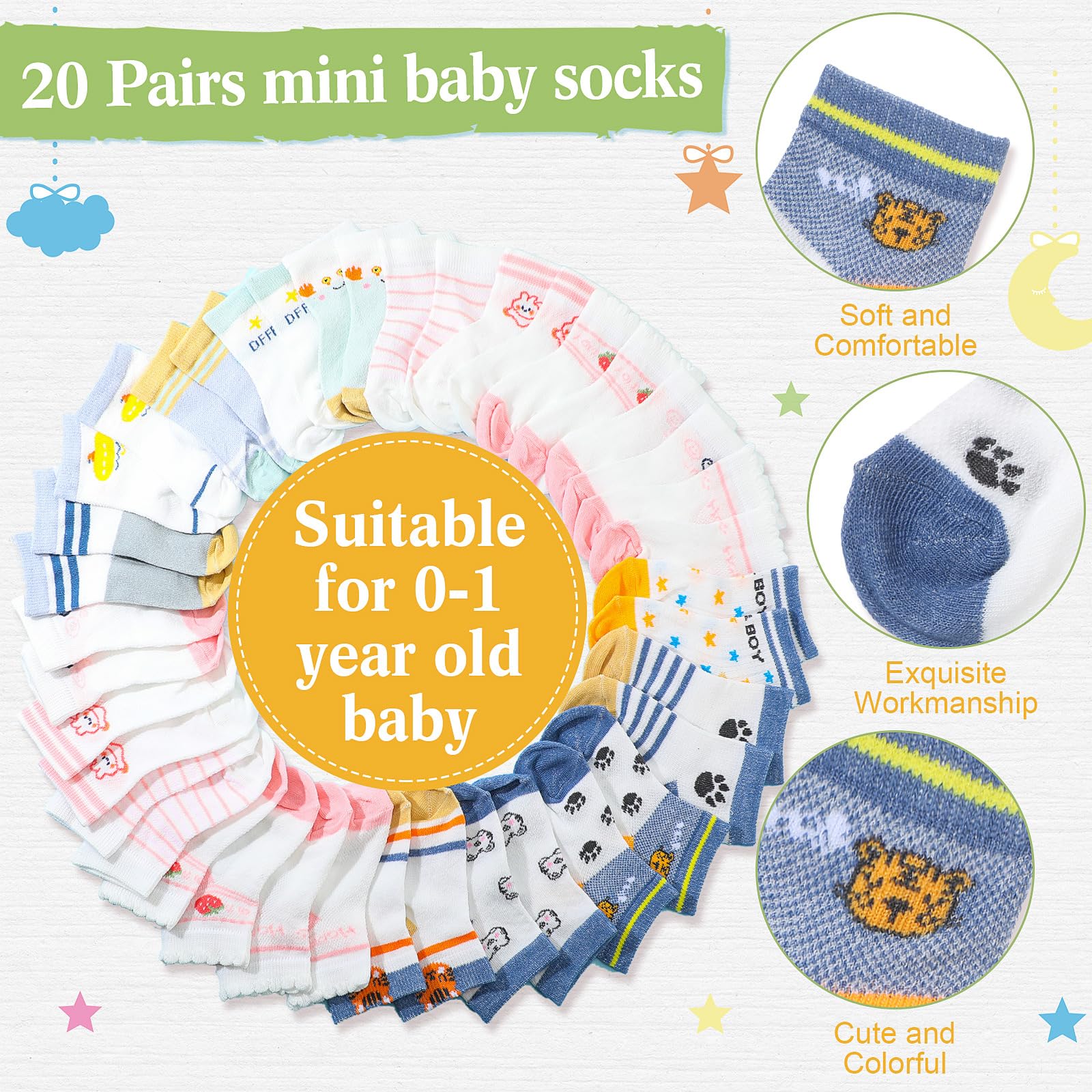 Hoteam 21 Stück Babyparty-Spiele, inklusive Babysocken, Jagdschild und 20 Paar kleine Baumwoll-Babysocken, Holz-Tischschild mit Halter für Jungen und Mädchen, Geschlechtsoffenbarung, Partygeschenke