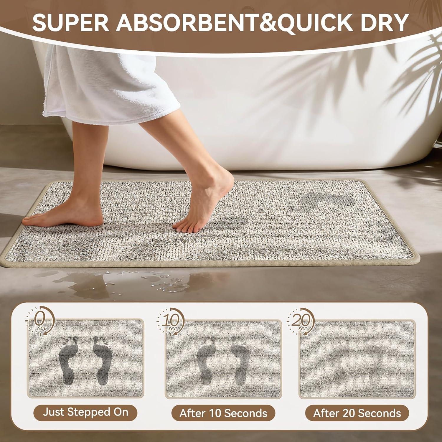 Non Slip Bathroom Rugs Washable, Rubber Backing Bath Mat, Absorbent Quick Dry Floor Mats for Bathroom, Outside Shower and Sink, Thin Bath Rugs Fits Under Door, 20”x31”, Brown