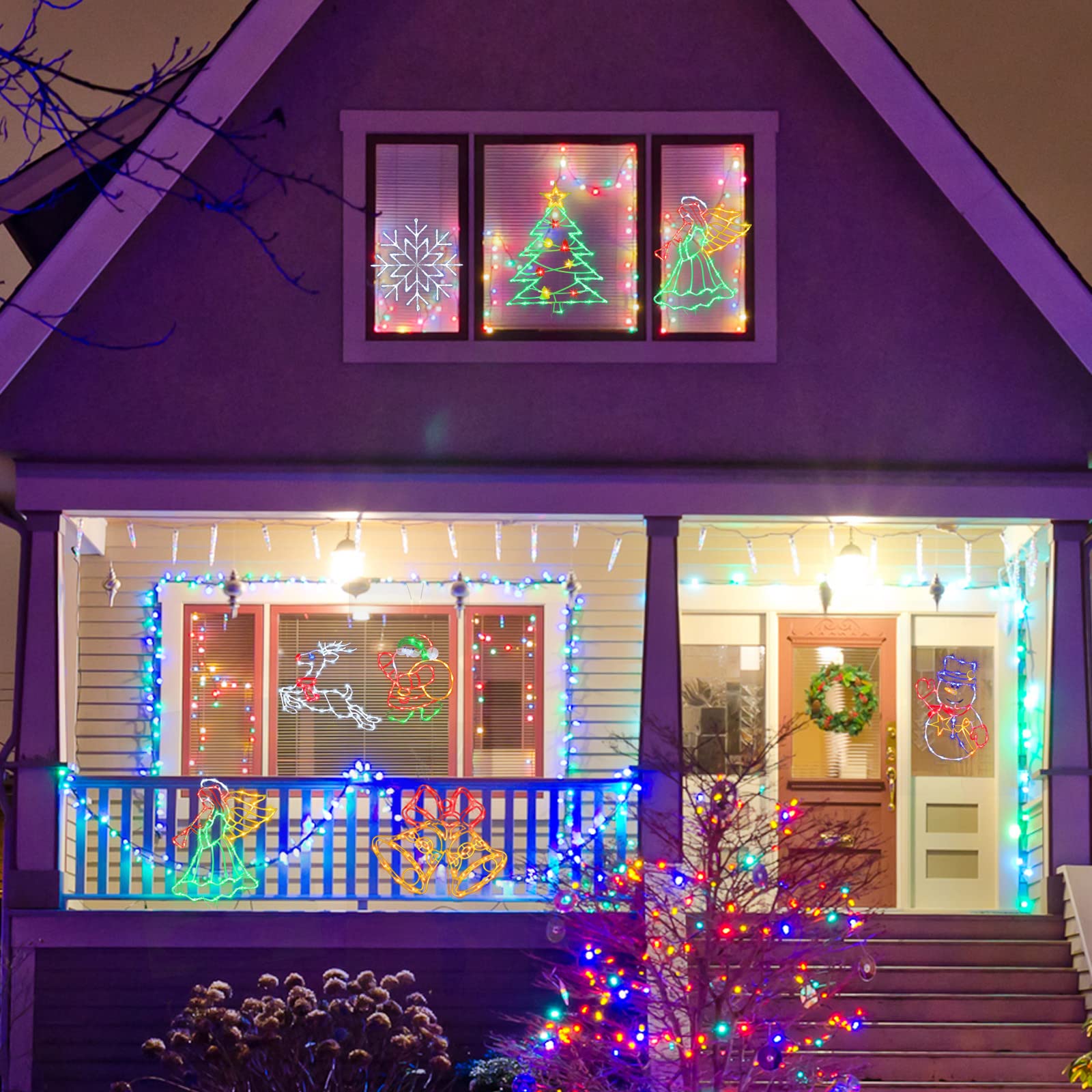 TRWYMZ 4 Stück Bunte LED Weihnachts-Fensterbeleuchtung mit EU-Stecker | LED Weihnachtsfiguren (Weihnachtsbaum, Rentier, Glocke, Weihnachtsmann) für Innen & Außen, Wand, Tür & Fenster