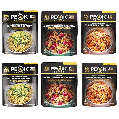 Peak Refuel Paquete de 6 veganos Alimentos liofilizados para mochileros y campamentos, sabor y calidad increíbles, alto en proteínas, preparación