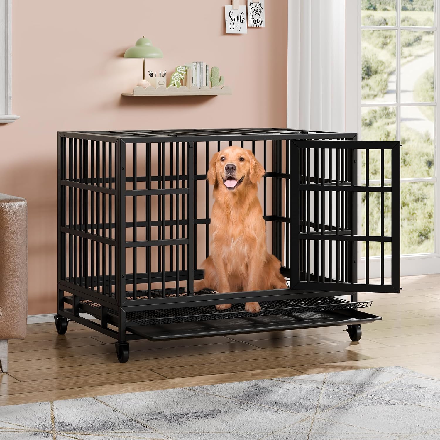 Vongrasig 48/38 Inch Heavy Duty Indestructible Dog Crate Double Doors Escape Proof Cage Kennel,Enhanced Metal Pet Cage,Extra Large XL XXL Crate Indoor for Large Dog with Removable Tray