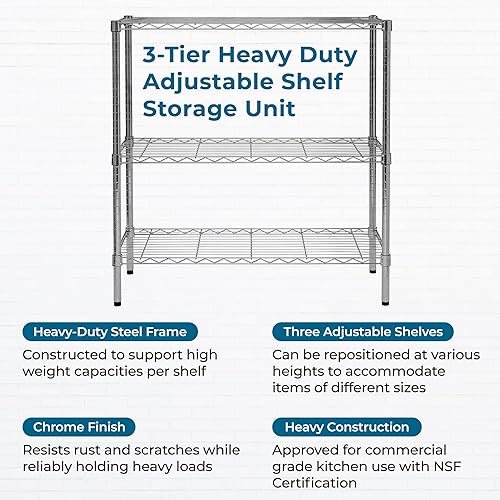 Miniatura 4 de Honey-Can-Do Estantería ajustable resistente de 3 niveles con capacidad de 200 libras, Estantería de acero cromado SHF-09367, Estanterías