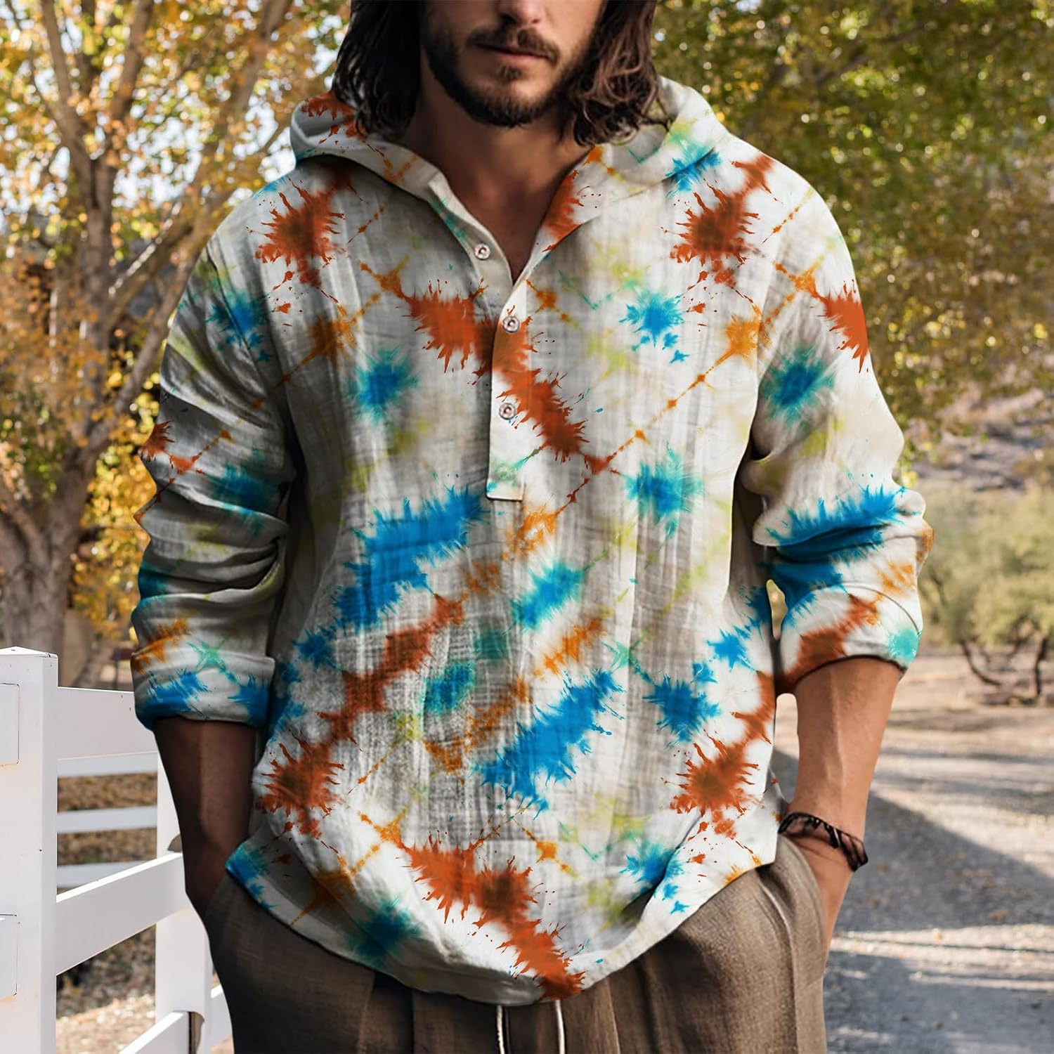 Mens Hooded Tie Dye Button Up Shirt Long Sleeve Casual Pullover Top Relaxed Fit Beach Vacation Streetwear - Image 2