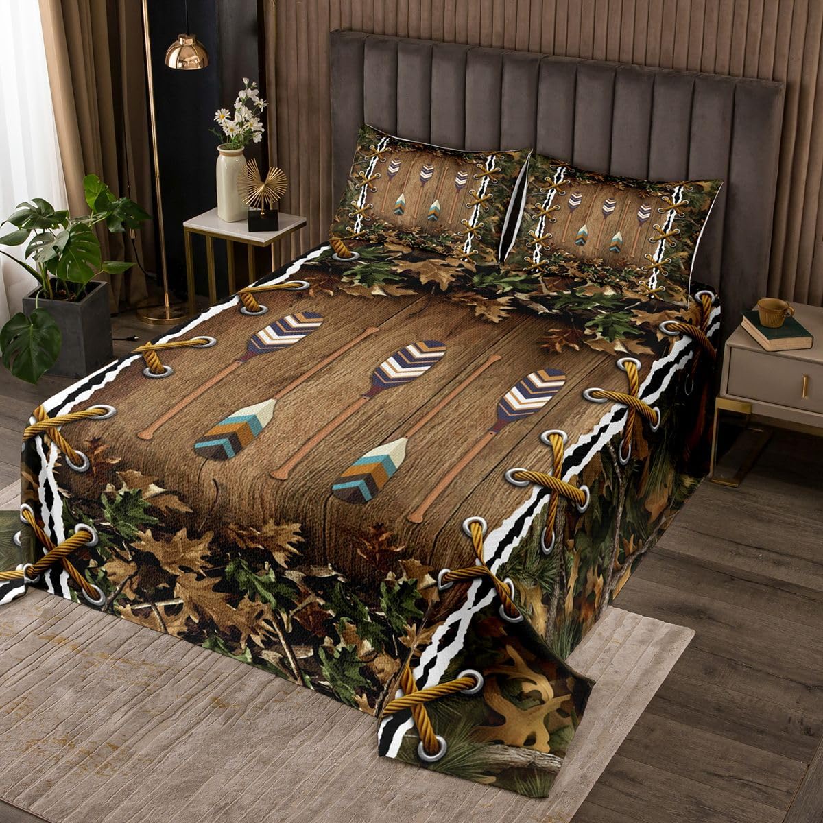 Erosebridal Camo Cabin Quilt Set Country Lake Oar Queen Bedspread Set | Mens Camouflage Coverlet Sets Woodland Animals Farmhouse Quilted,Hunting Rustic Farmhouse Decor