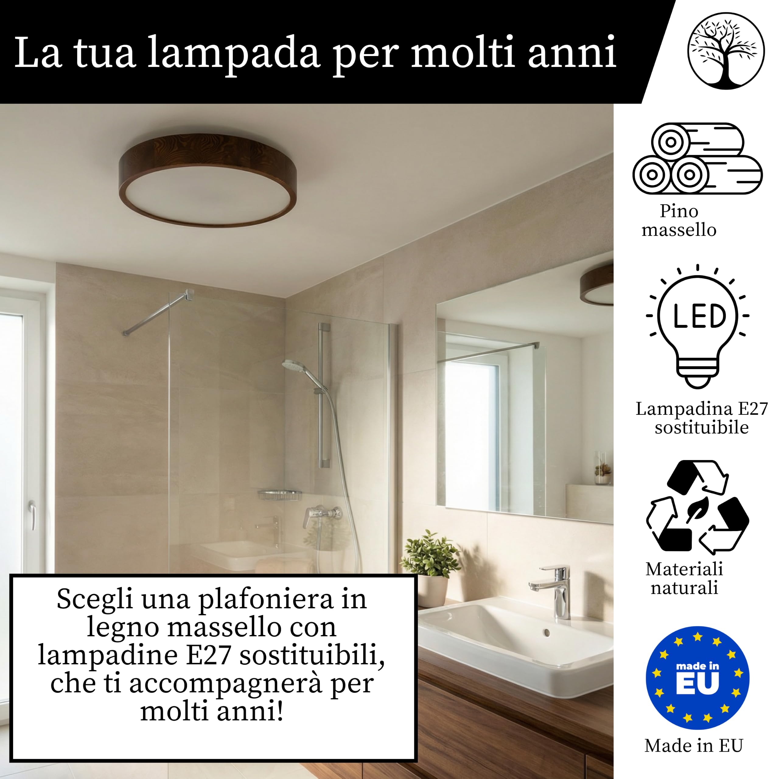 Plafoniera rotonda legno noce 3xE27 (47 cm) LEJA | Legno massello, Installazione facile, Prodotto nell'UE, CE, Paralume in vetro satinato, Facile da pulire