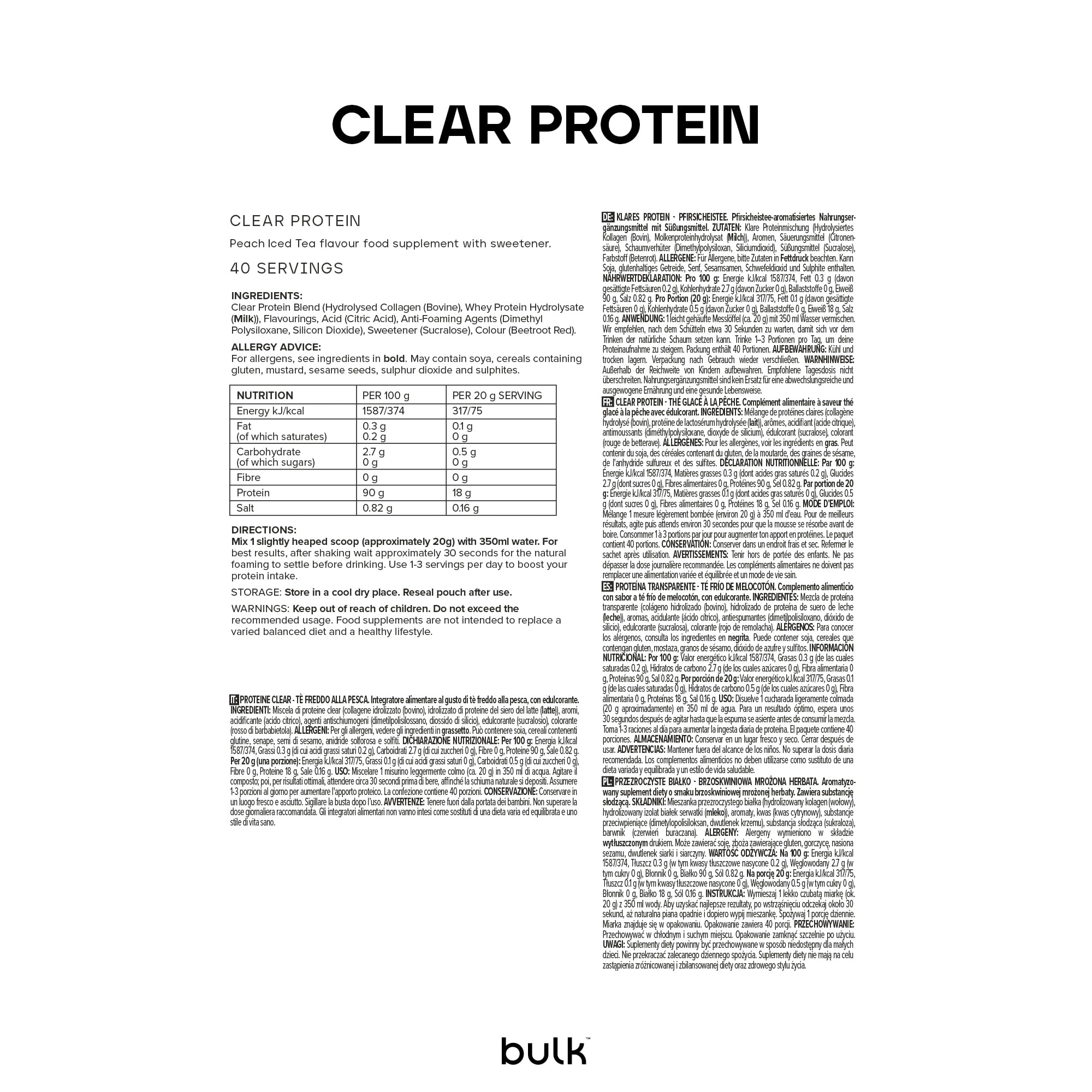 Bulk Clear Protein | Mélange de Whey & Collagène | 400 g | 20 portions | 18 g de protéines | 5 g de BCAA | Absorption rapide | Favorise la croissance musculaire | Thé glacé pêche