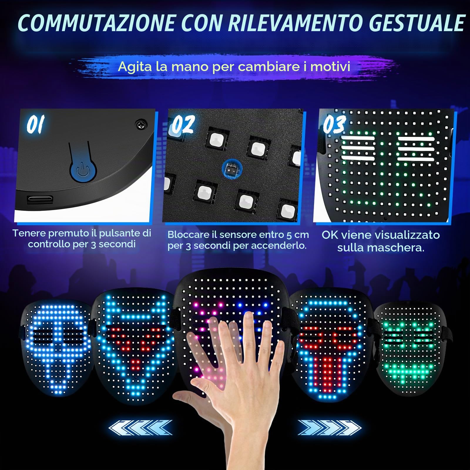 LED Mask Brillante Maschera di Halloween Spaventosa 25 Animazioni, 25 Immagini Interruttore di Induzione per Feste Maschera di Purga Regalo di Carnevale