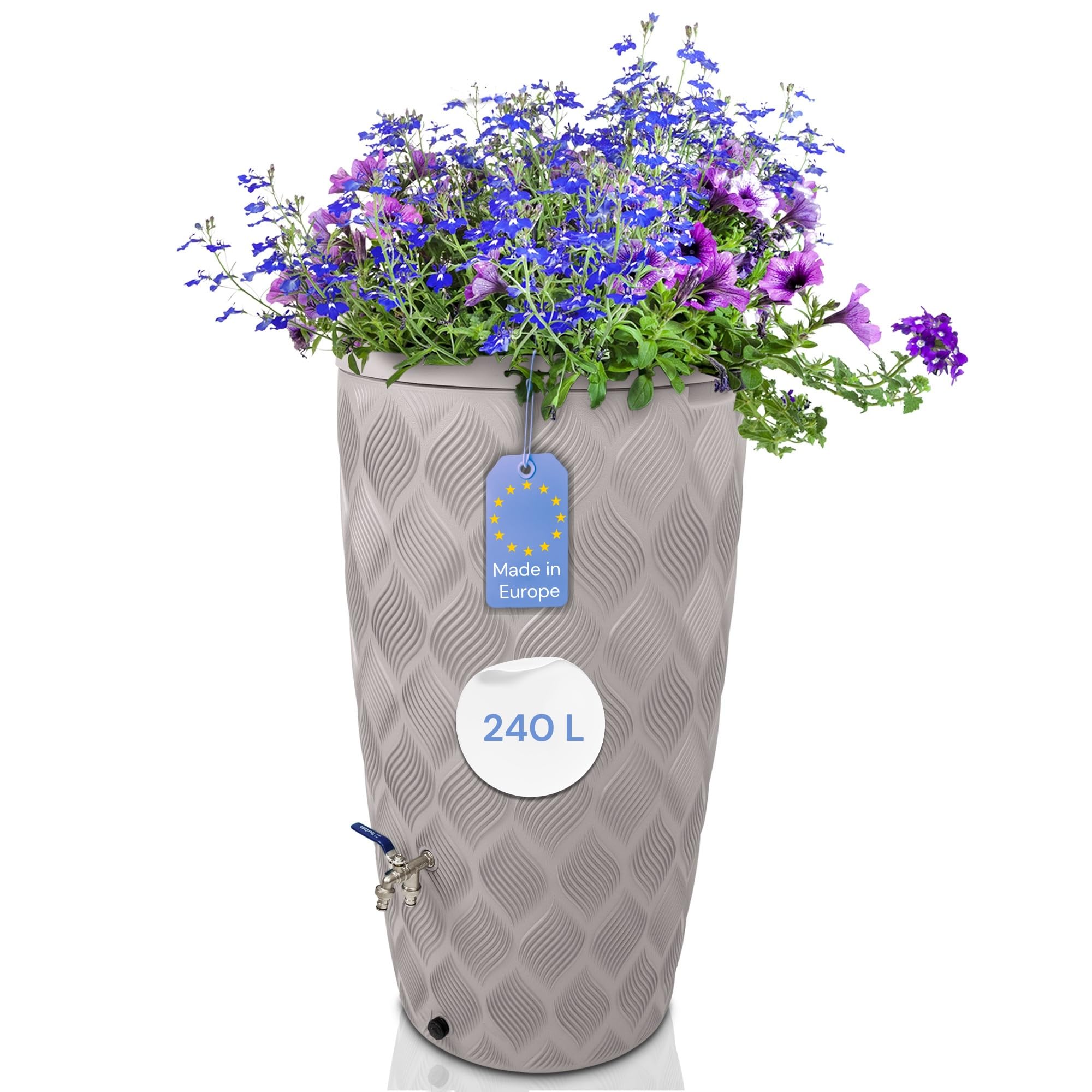 YourCasa Regentonne 240 Liter [Seabreeze] Regenfass Frostsicher aus Kunststoff mit Wasserhahn - Regenwassertonne - Wasserfass Regenwassertank Wassertonne für Garten (Creme Mit Wasserhahn)