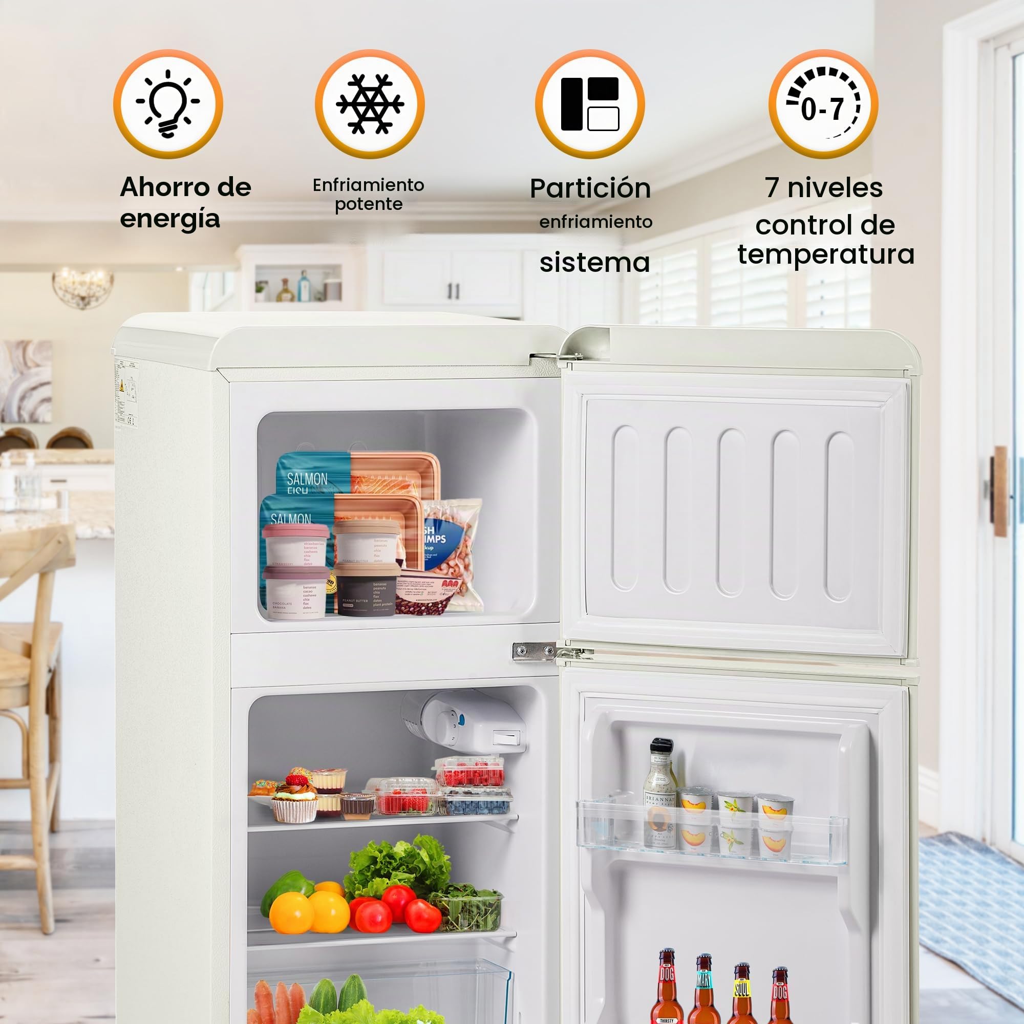 Frigorífico Mini 60L, Frigorifico Pequeño con Congelador (22L+38L), Frigorifico Combi con LED luz, 88,8x45,5x42 cm Frigorífico no Frost con Estantes Ajustables, 102 kWh/año, -27°C∽13°C (White)
