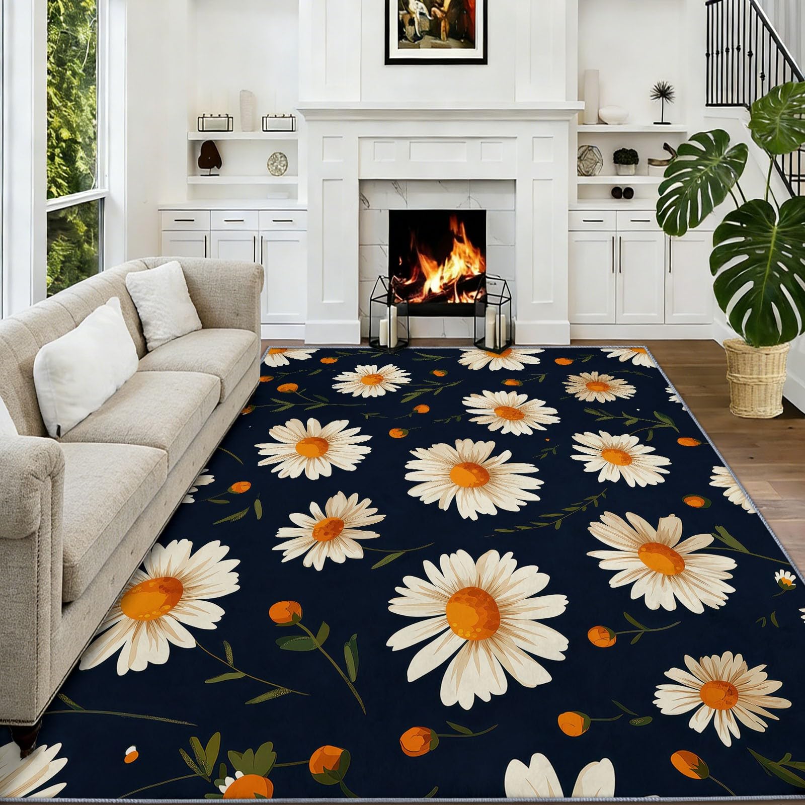Alfombra de pelo corto 180 x 240 cm Planta Margaritas Alfombra de salón Minimalismo suave antideslizante moqueta para entrada interior entrada pasillo vestíbulo
