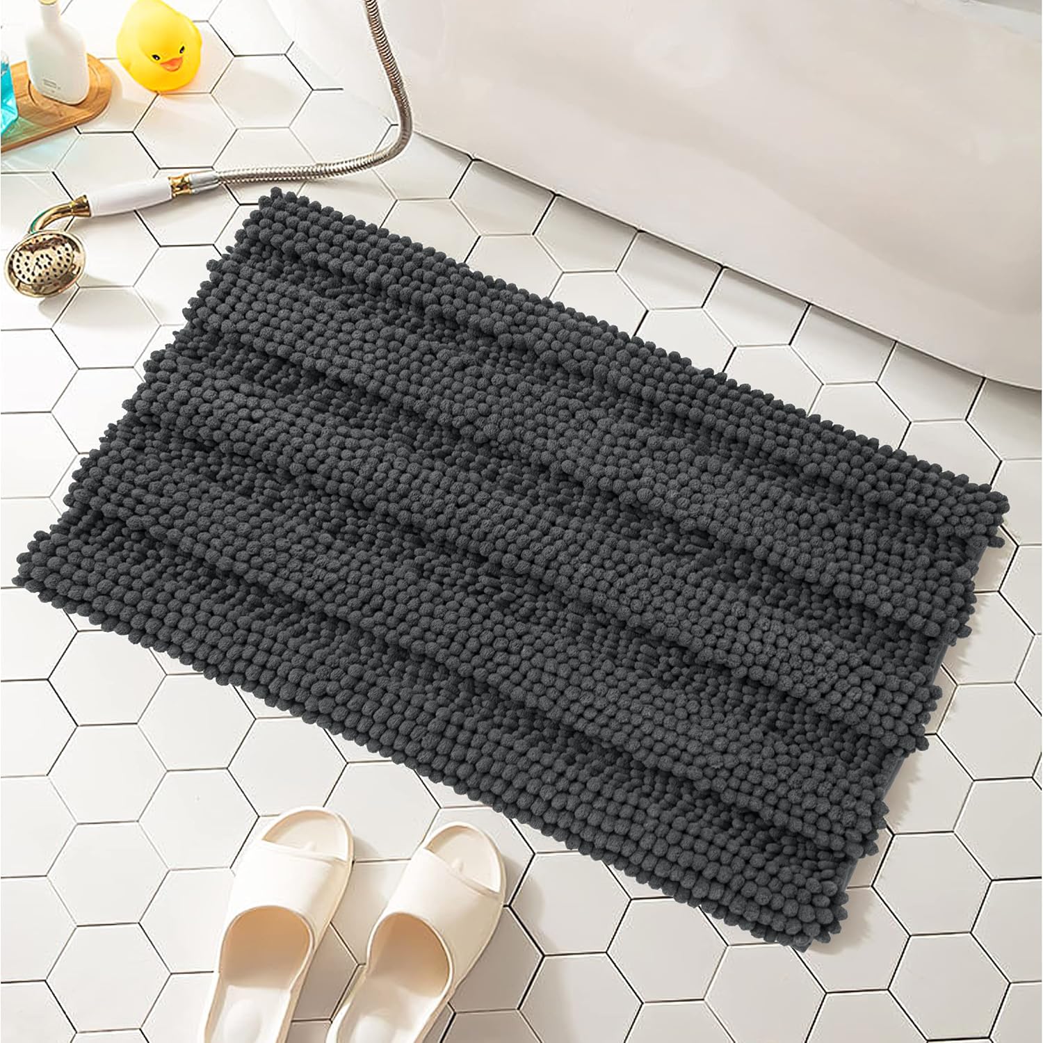 subrtex Bathroom Rugs Chenille Striped Plush Bath Mat Bath Rug Soft Non Slip Carpet Rugs Water Absorbent Shower Mat Quick Dry for Bathroom Front Door Enterway (Gray,16"x24") : Home & Kitchen