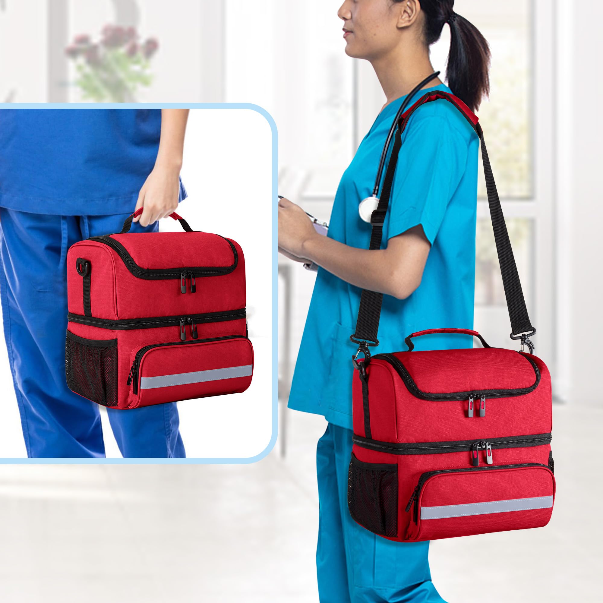 CURMIO Doppelschicht Medizinische Tasche, Tragbar Reiseapotheke Tasche, Notfalltasche für Medizinflasche, Vitamine, Medizinisches Zubehör, Leer, Rot