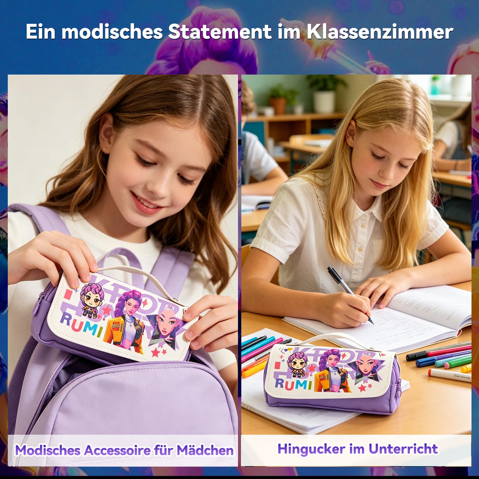 Estuche para niñas, estilo pop coreano, moderno, con diseño de Huntrix, estuche con compartimentos, para la escuela y el ocio, niños y adolescentes, púrpura-blanco, Federmäppchen Klein