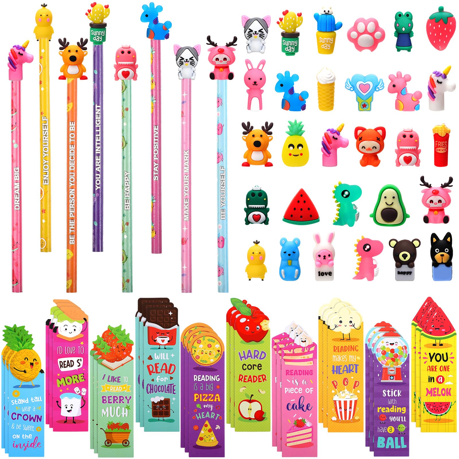 Outus 128 Pcs Inspirational Scented Pencils and Scented Bookmarks Set, Fun Pencils with Cartoon Toppers, Fruit Food Theme Scratch and Sniff Bookmarks Bulk for Reading Supplies(Cute)