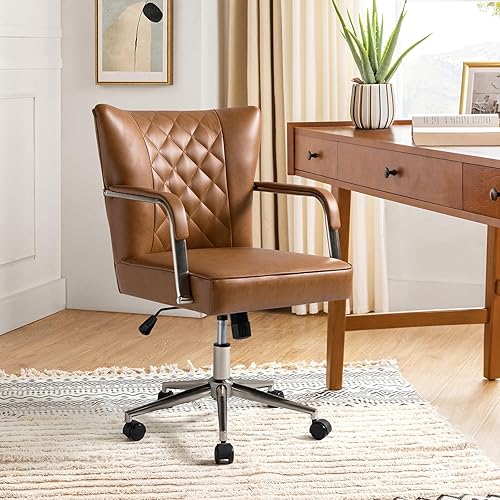 HULALA HOME Silla de escritorio de piel sintética para oficina en casa con base de metal, silla giratoria de 360 de altura ajustable, silla de