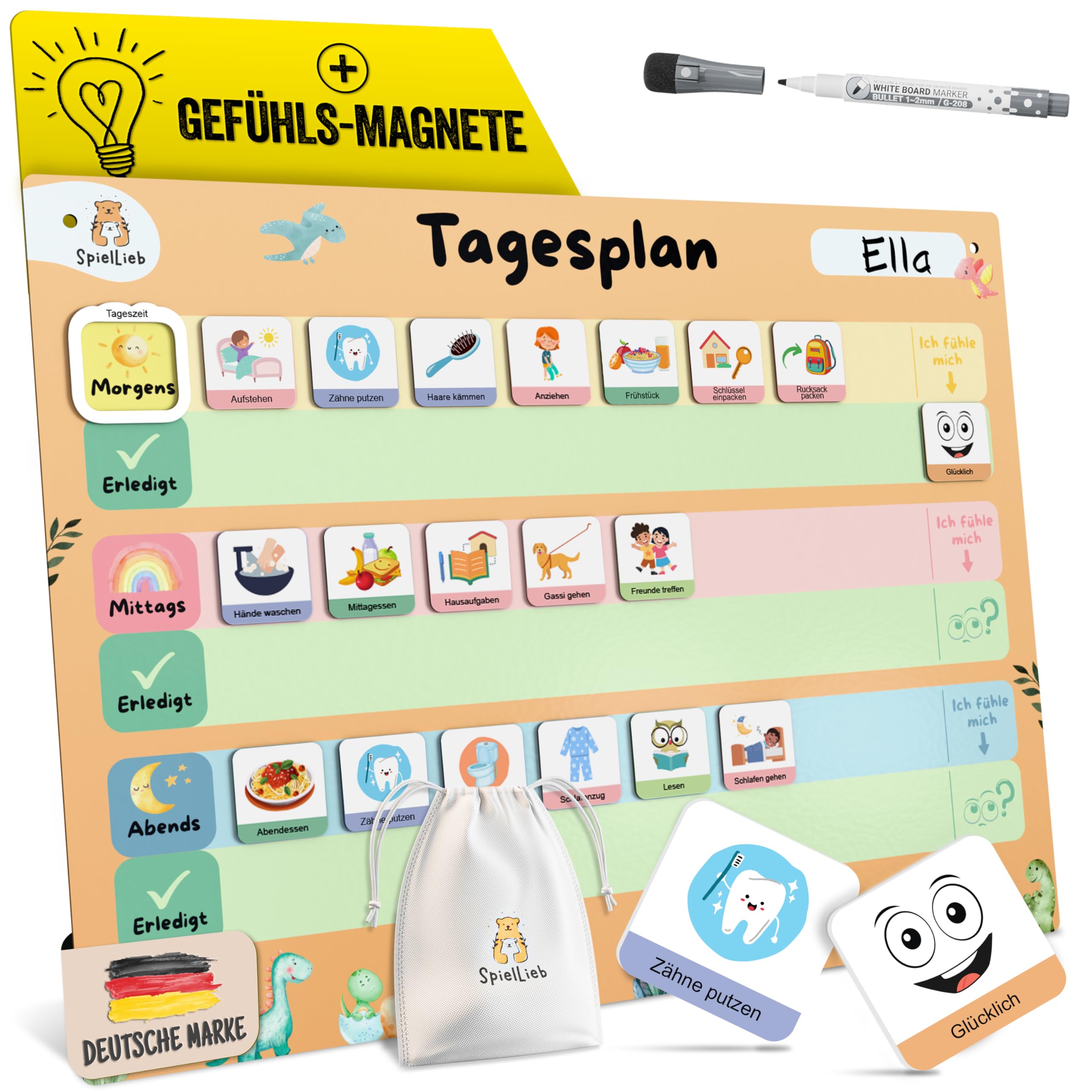 SpielLieb® Montessori Tagesplaner Kinder Routine – Magnettafel inkl. 166 Magneten, beschreib- & abwischbar Tagesplan Kinder Lernhilfe für Routinen & Struktur Routine Planer Kinder - Tagesplaner Kinder