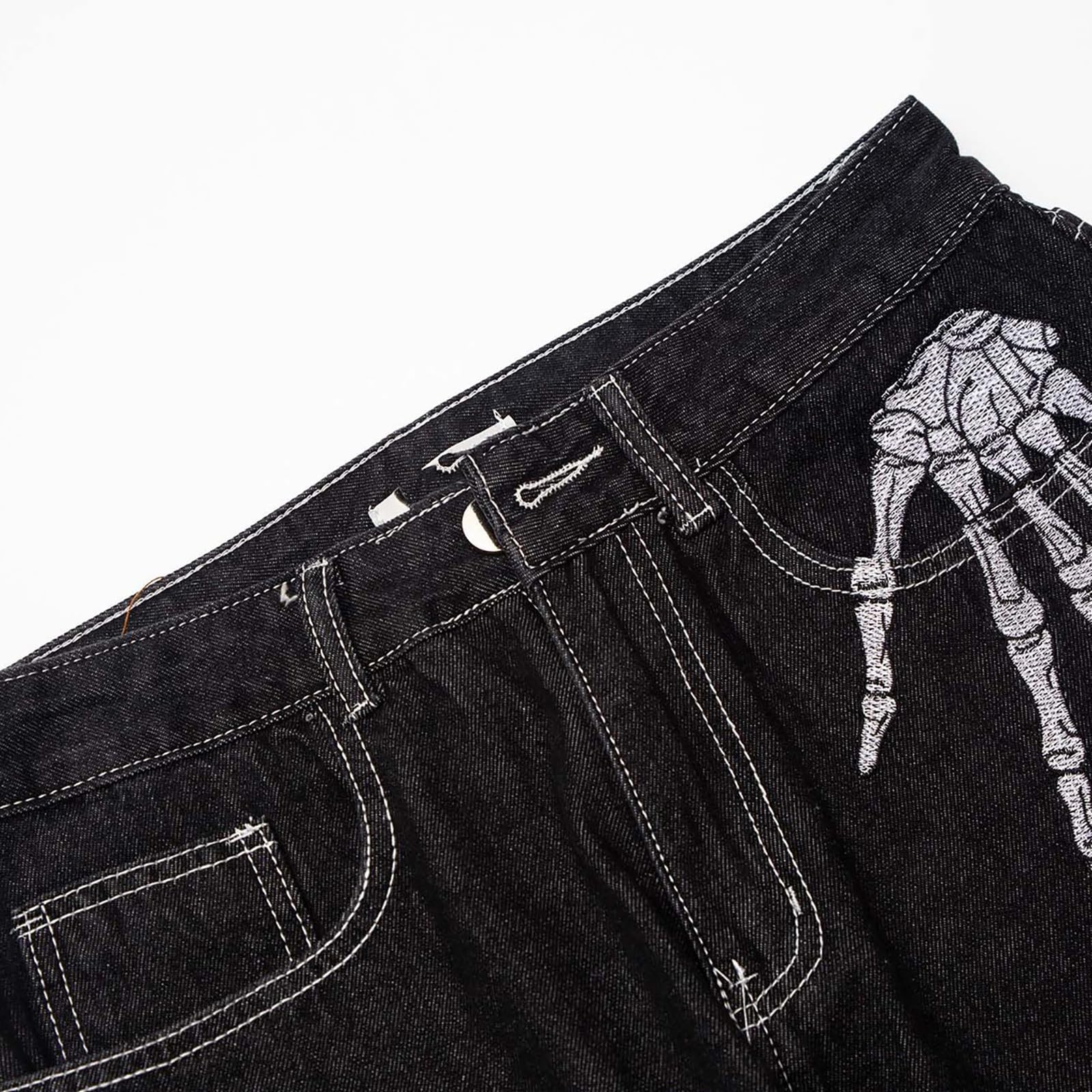 Pantalon Vaquero Hombre-Pantalones Vaqueros con Estampado de Esqueleto de High Street, Corte Holgado, Pierna Ancha, Corte Recto, Moda Alternativa, Pantalones estéticos Oscuros para