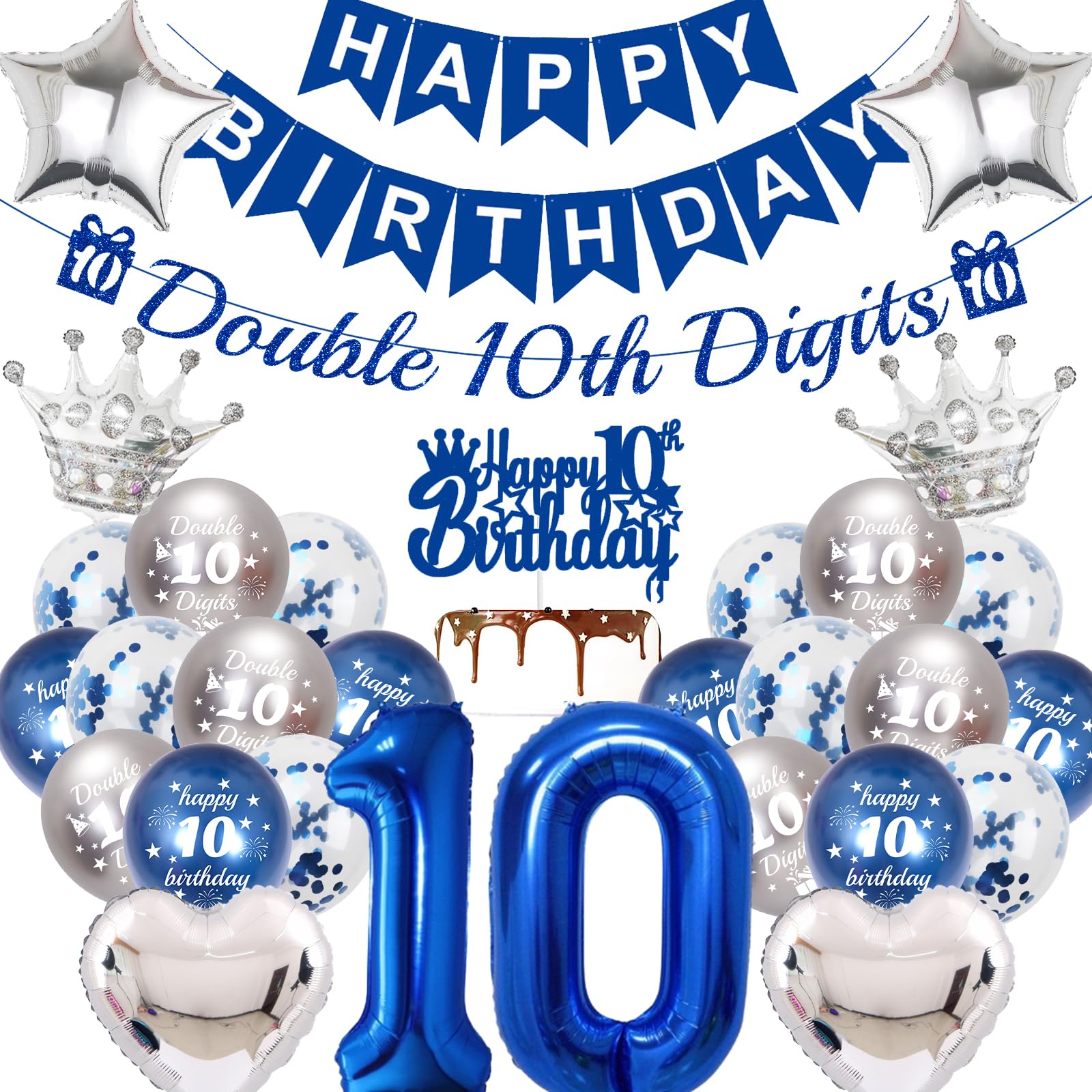 10th Birthday Decorations Boys Balloons - 31 Pcs Blue Banner Double 10th Digits Numble 10 Star Heart Crown Foil Balloon Pull Falg Cake Topper Confetti