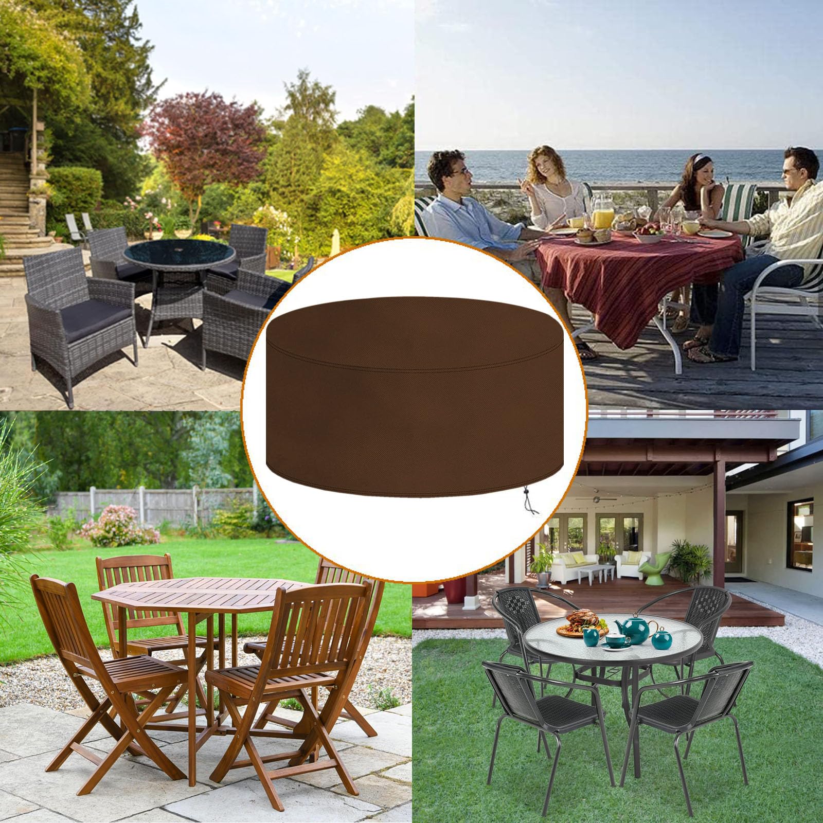 Abdeckung für Gartenmöbel Rund 160x90cm(ØxH),Gartentisch Abdeckplane Wasserdicht Winddicht Anti-UV 420D Oxford Gewebe Schutzhülle,für Loungemöbel Sitzgruppe Balkonmöbel,Terrassenmöbel-Braun