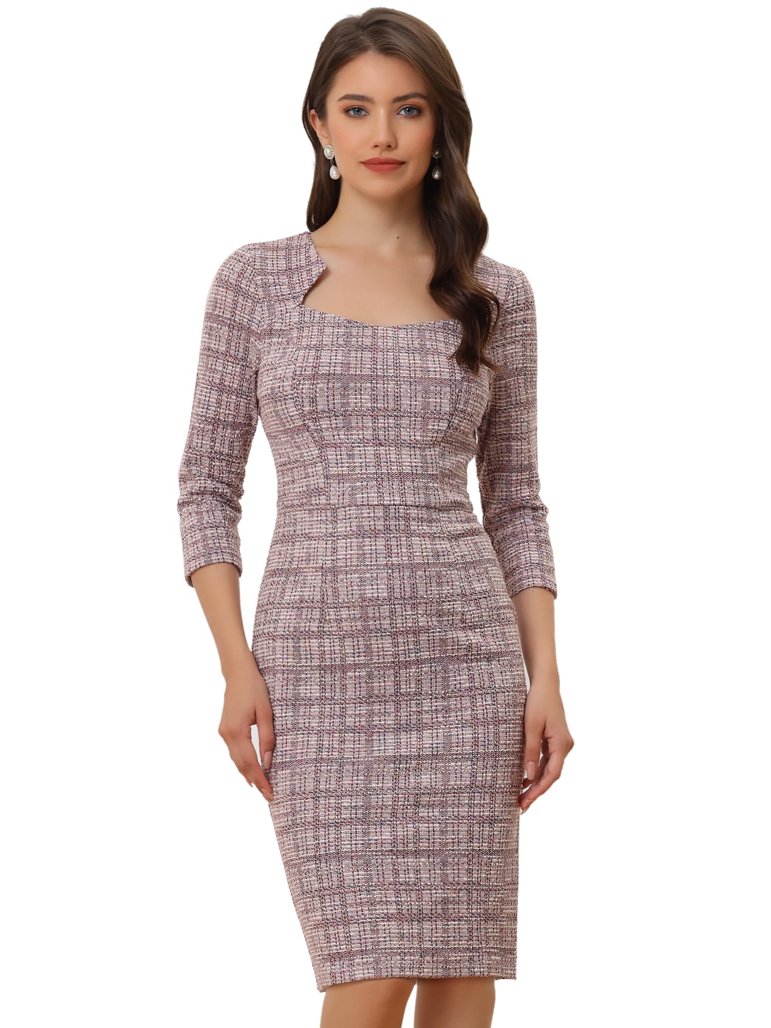 Allegra K Tweed Dress for Women Elegant 3 4 Sleeve Plaid Business Work Bodycon Pencil Dress