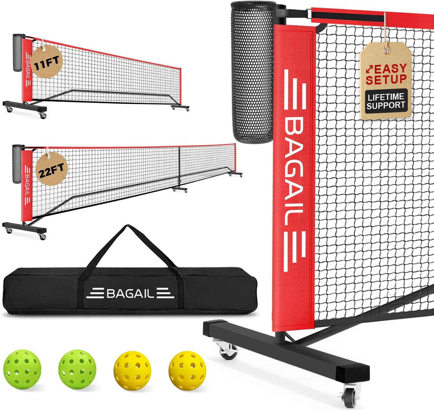 BAGAIL Portable Pickleball Net Set, 22 FT Regulation Size Pickle Ball Net with Ball Collector, 4 Balls and Carry Bag, Easy Setup for Outdoor Indoor Driveway