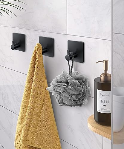 Miniatura 8 de xdgeLoad Ganchos para toallas de baño, paquete de 4 ganchos adhesivos de pared, ganchos negros de acero inoxidable mate para colgar toallas,