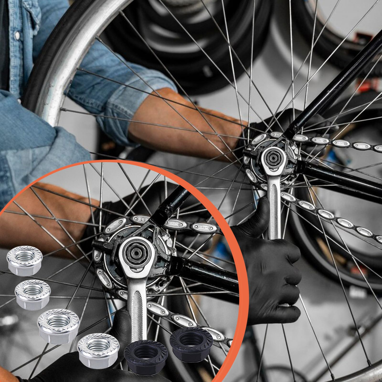 12 dadi per asse bicicletta e rondelle di sicurezza, dadi per bici per ruote, in acciaio al carbonio M8/M9.5/M10, dadi flangiati per mozzo della bicicletta, rondella per ruota anteriore
