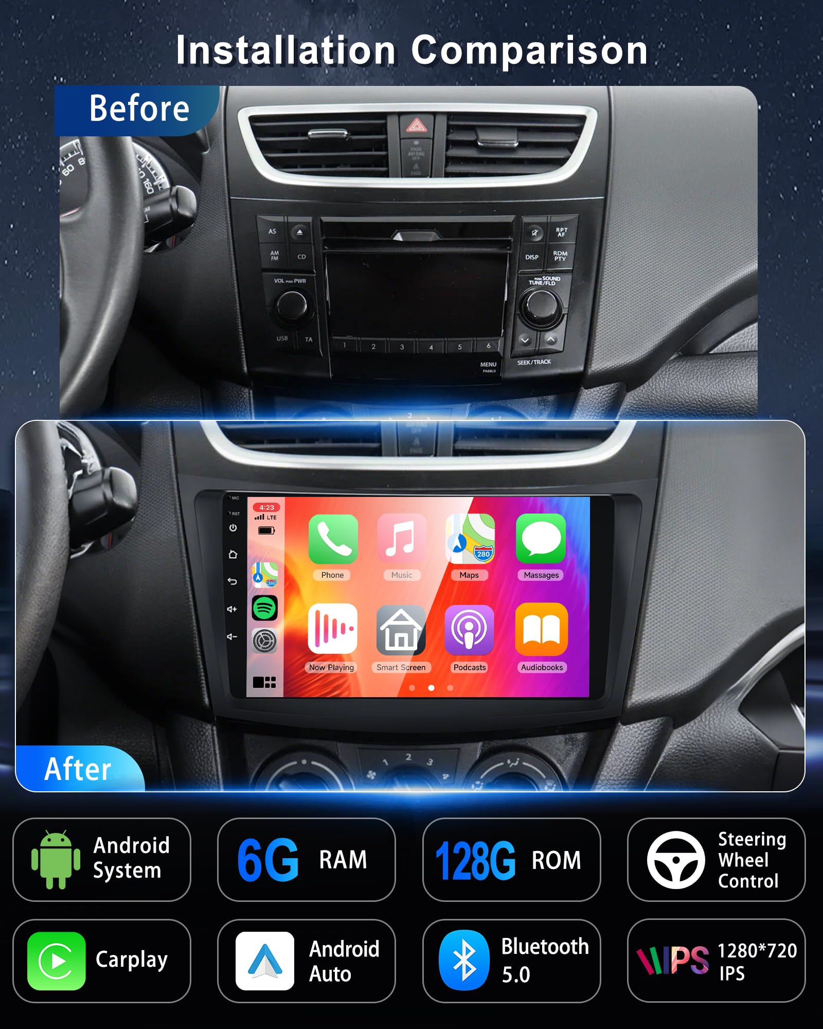 6G+128G KYNNT Car Radio for Suzuki Swift 2012-2017, Android Car Stereo for Suzuki Swift Wireless CarPlay Android Auto, DSP-32EQ, GPS Navigation WiFi, Bluetooth 9'' Touch Screen FM Backup Camera MIC