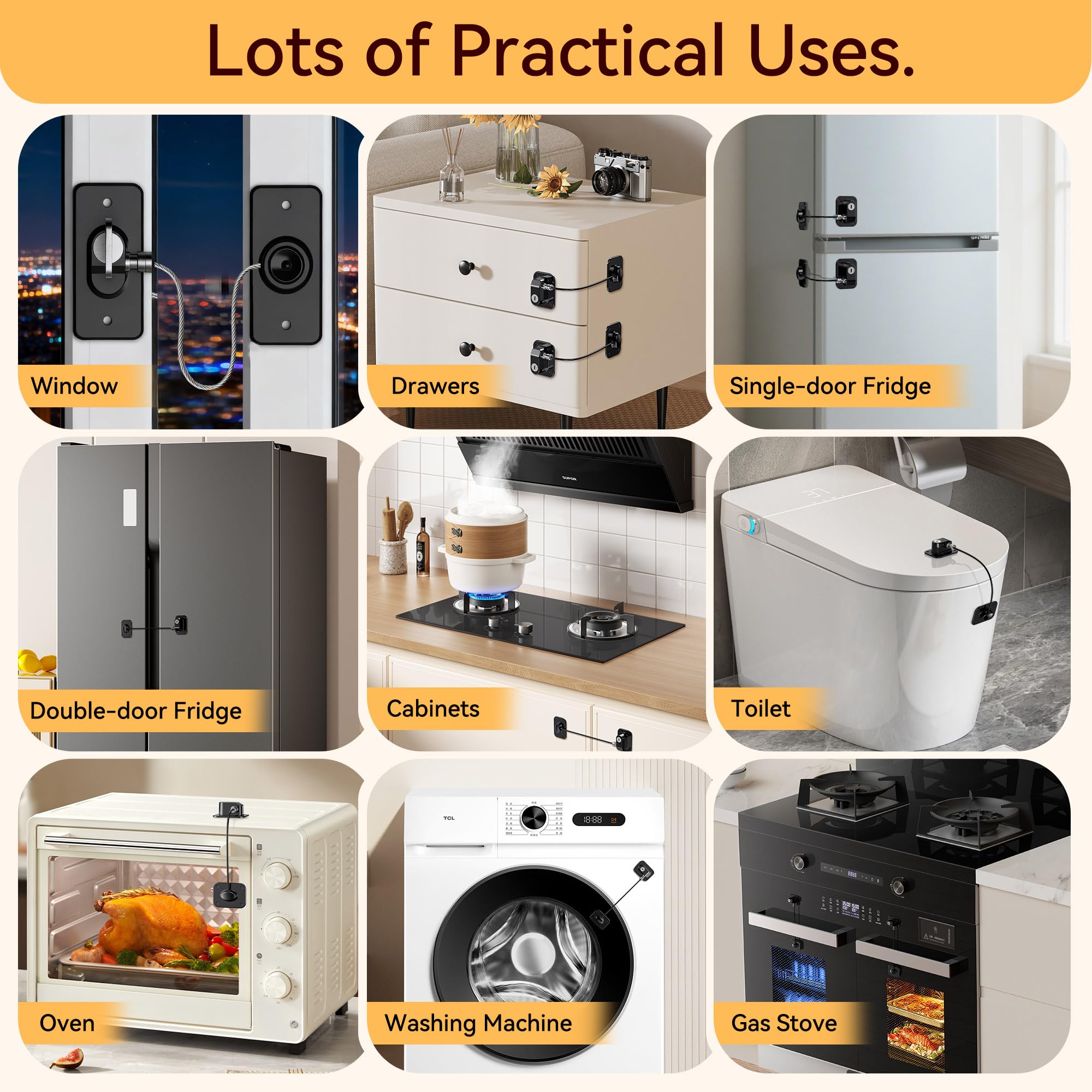 2 Pezzi Blocca Bambini per Frigorifero e Cassetti, Blocca Chiusura Cassetti con Potente Adesivo, Sicurezza Chiudi Cassetti Bambini per Frigorifero Armadietto, Cassetto, Armadio (B-Nero-2Pezzi)