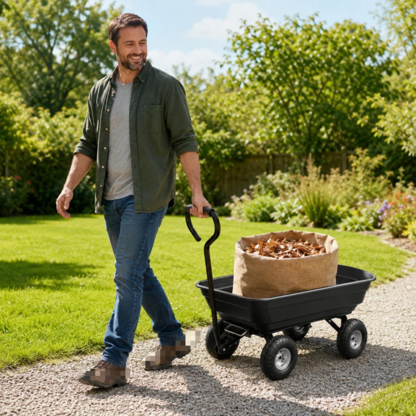 Carrello da Giardino a 4 Ruote Perni Delle Ruote Metallici Carrello con Vasca Aperta Resistente per Cortile, Tc1002-1