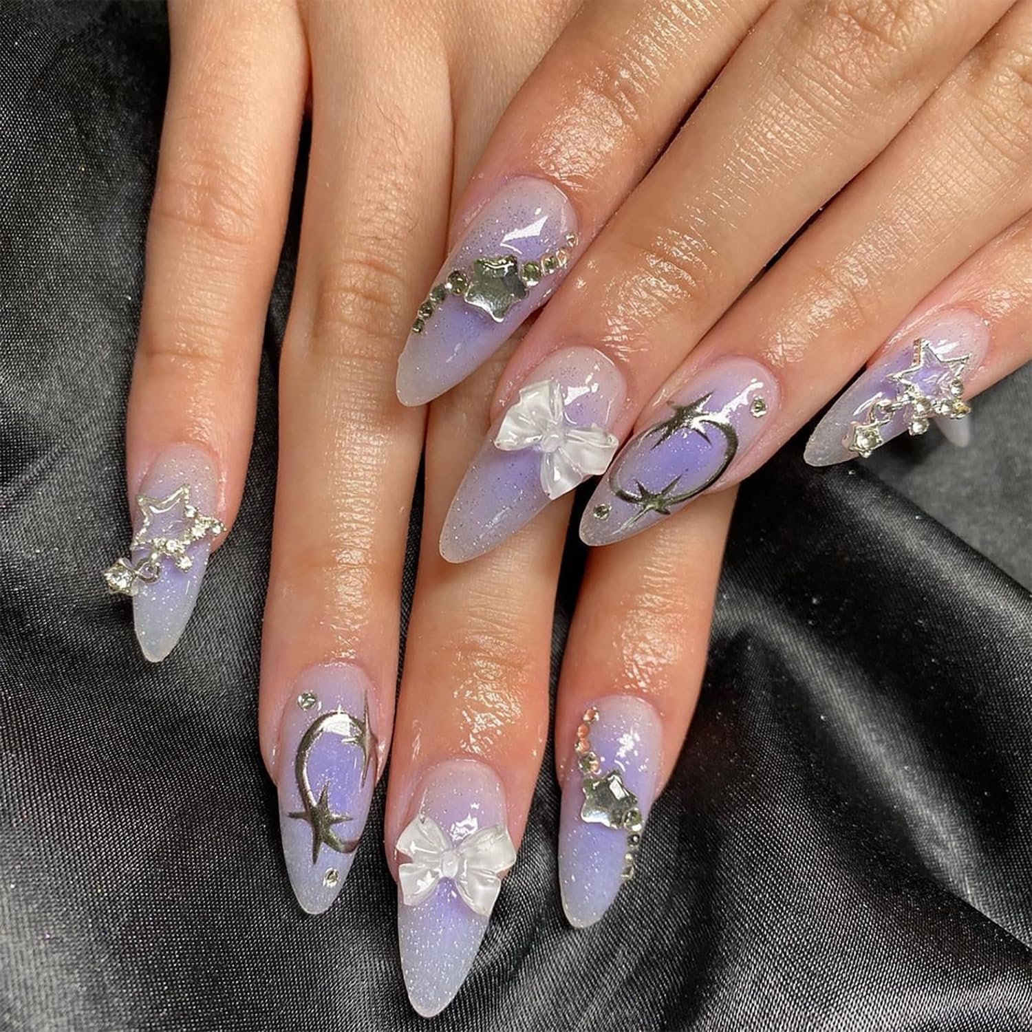 Press On Nails Medium Almond Purple False Nails Stars Bow Tie Design French Artificial Rhinestone Fake Acrylic Full Cover Reusable Coffin Glue On