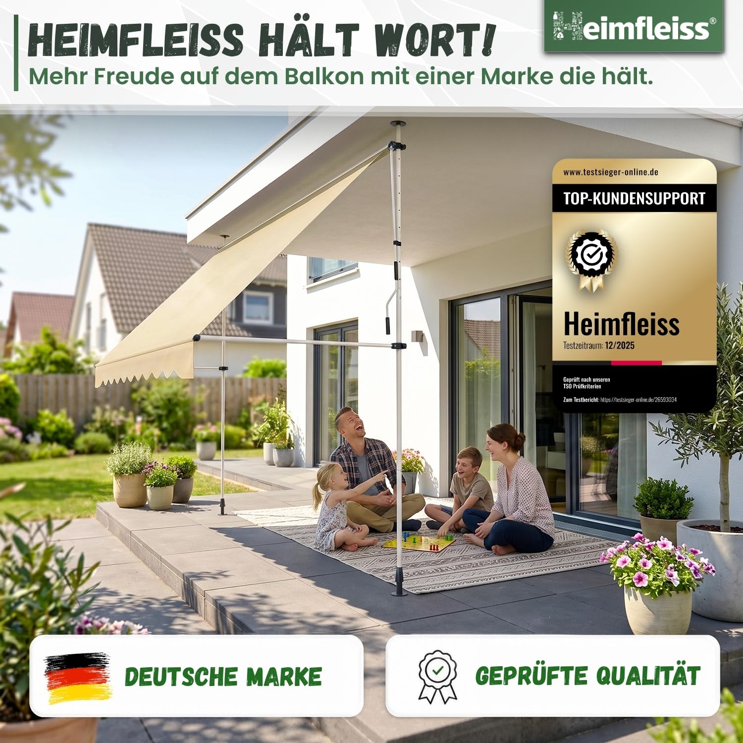 Heimfleiss® Klemmmarkise 350 cm breit mit Handkurbel | Markise Balkon ohne Bohren | Balkon Sonnenschutz, UV-beständig (UV 50+), höhenverstellbar & wasserabweisend | 3,5m Balkonmarkise zum Klemmen
