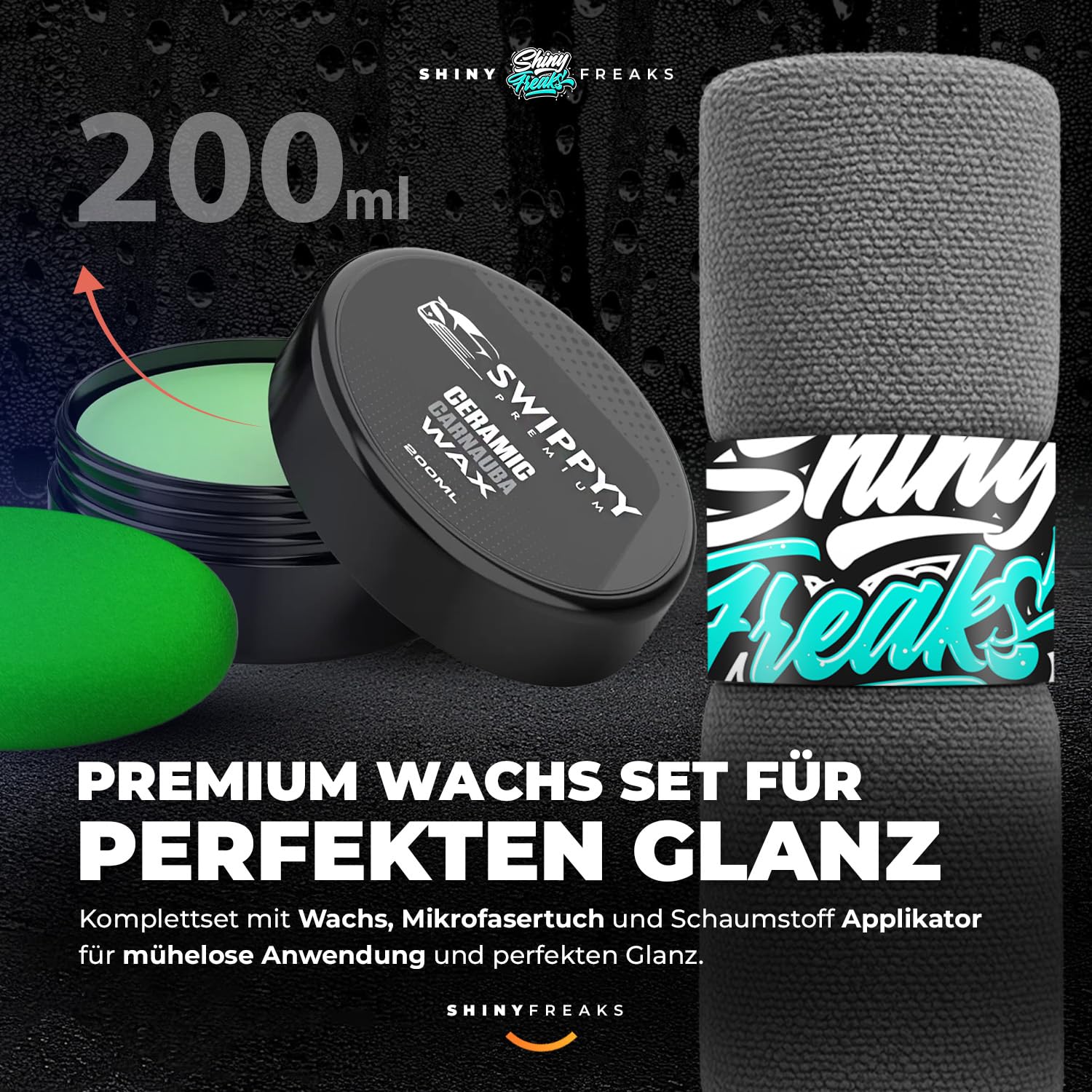 Swippy Ceramic Carnauba Wax (200ml) Premium Autowachs + Shiny Freaks Mikrofasertuch | Lackversiegelung mit extremem Abperleffekt - Keramikersiegelung Auto für starken Lackschutz & Glanz | 2-teilig